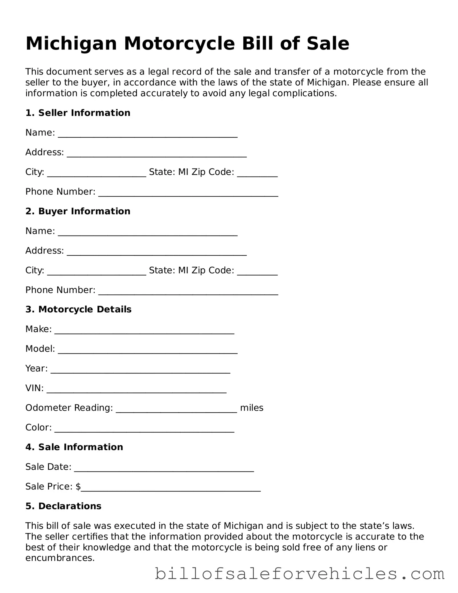 Valid Michigan Motorcycle Bill of Sale Template