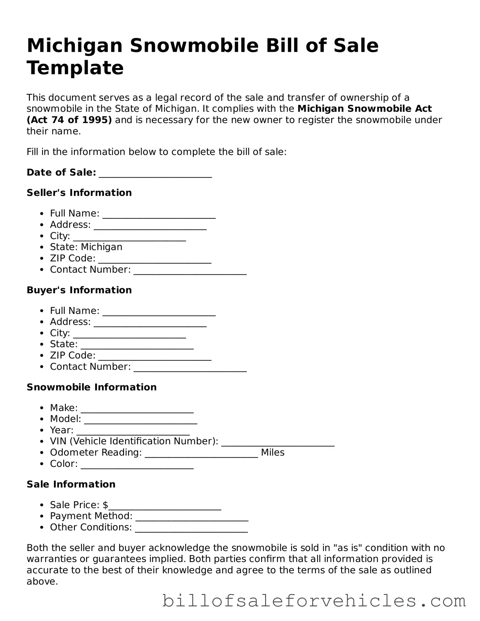 Valid Michigan Snowmobile Bill of Sale Template