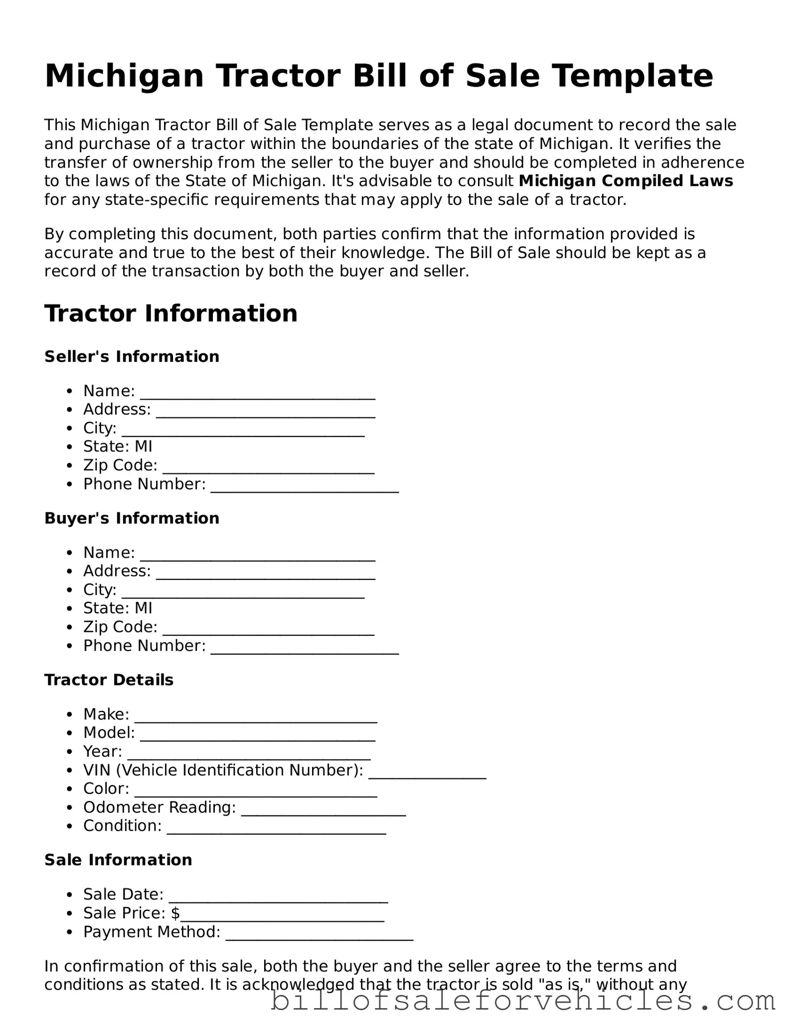Valid Michigan Tractor Bill of Sale Template