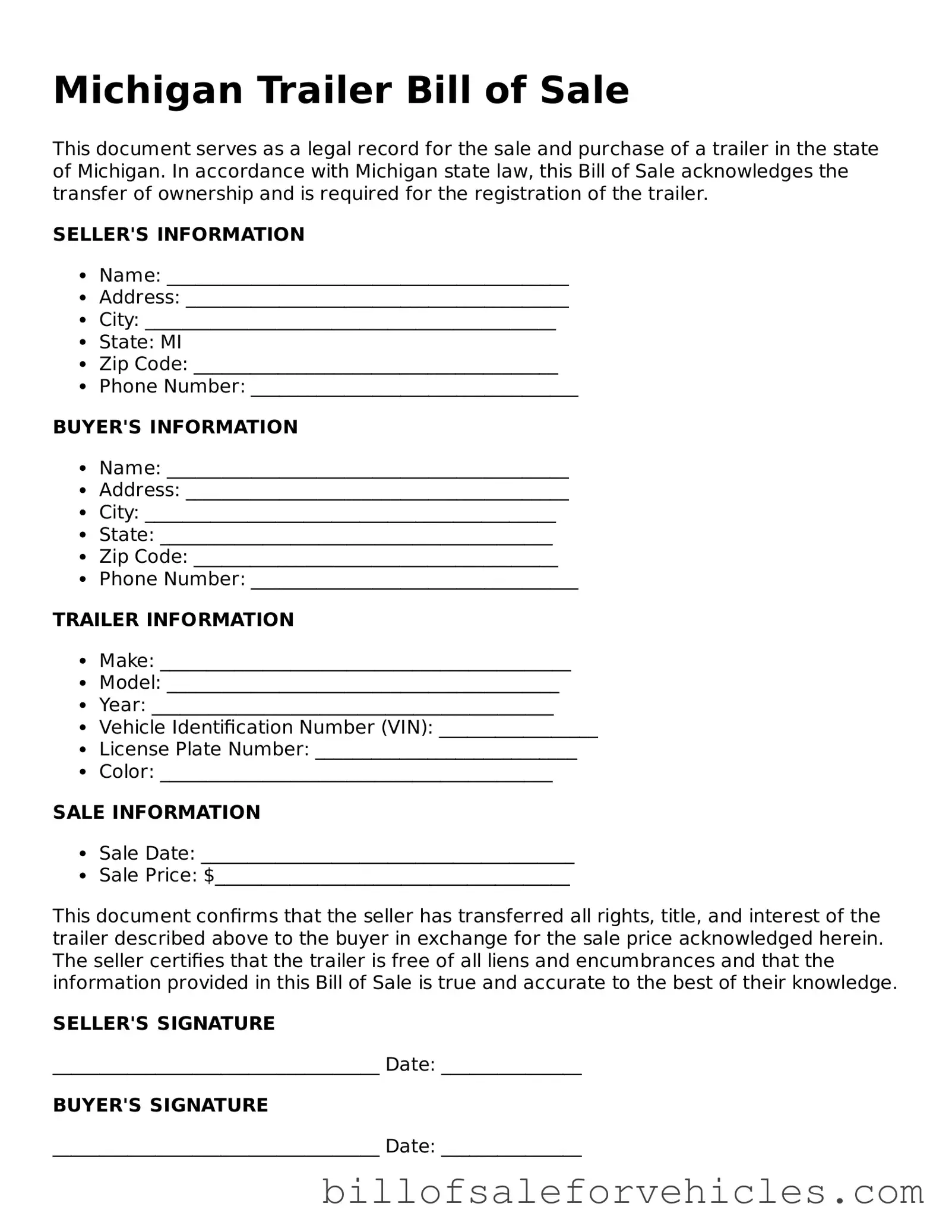 Valid Michigan Trailer Bill of Sale Template