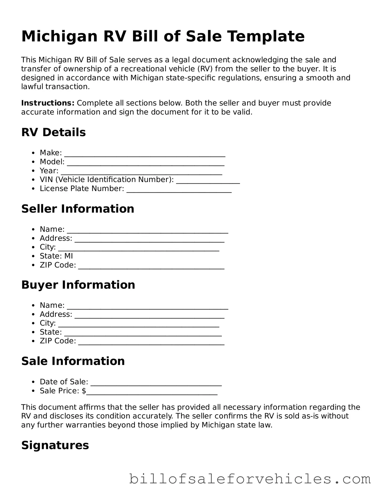 Valid Michigan RV Bill of Sale Template
