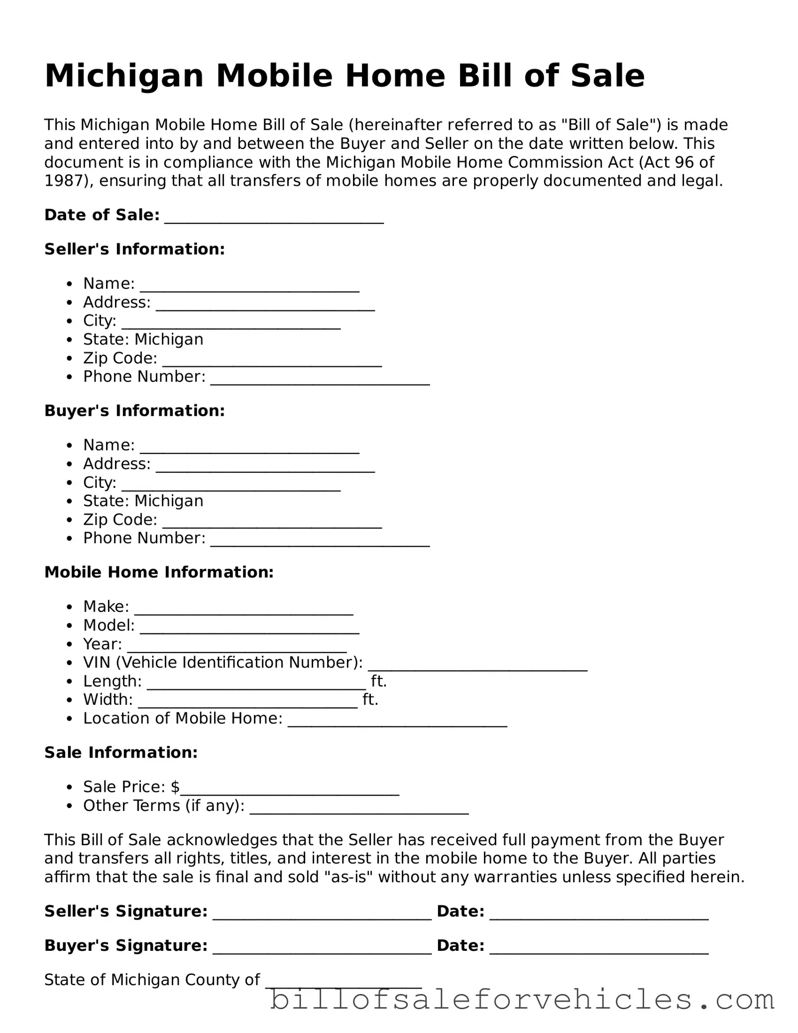 Valid Michigan Mobile Home Bill of Sale Template