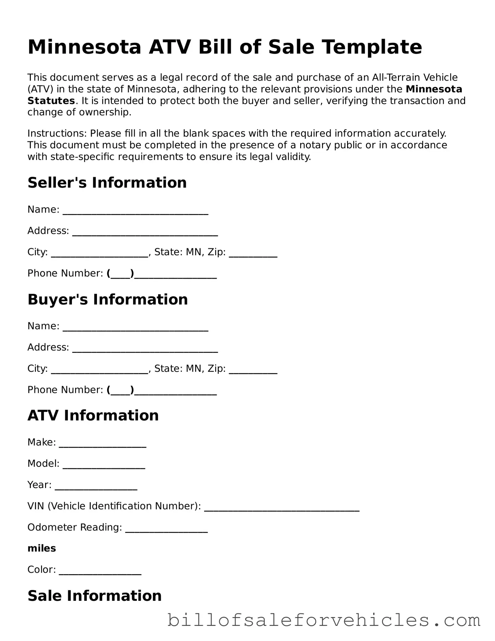 Valid Minnesota ATV Bill of Sale Template