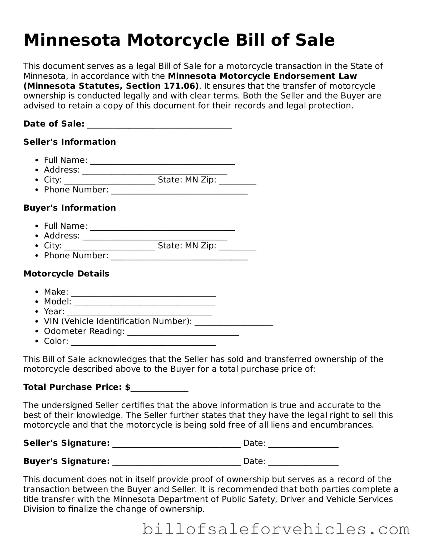 Valid Minnesota Motorcycle Bill of Sale Template