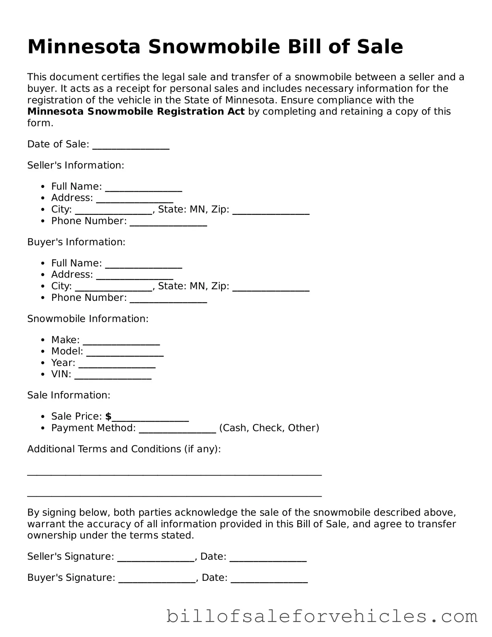 Valid Minnesota Snowmobile Bill of Sale Template