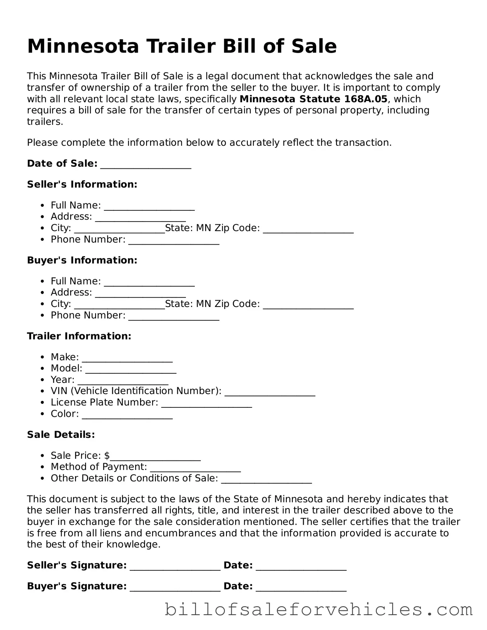 Valid Minnesota Trailer Bill of Sale Template