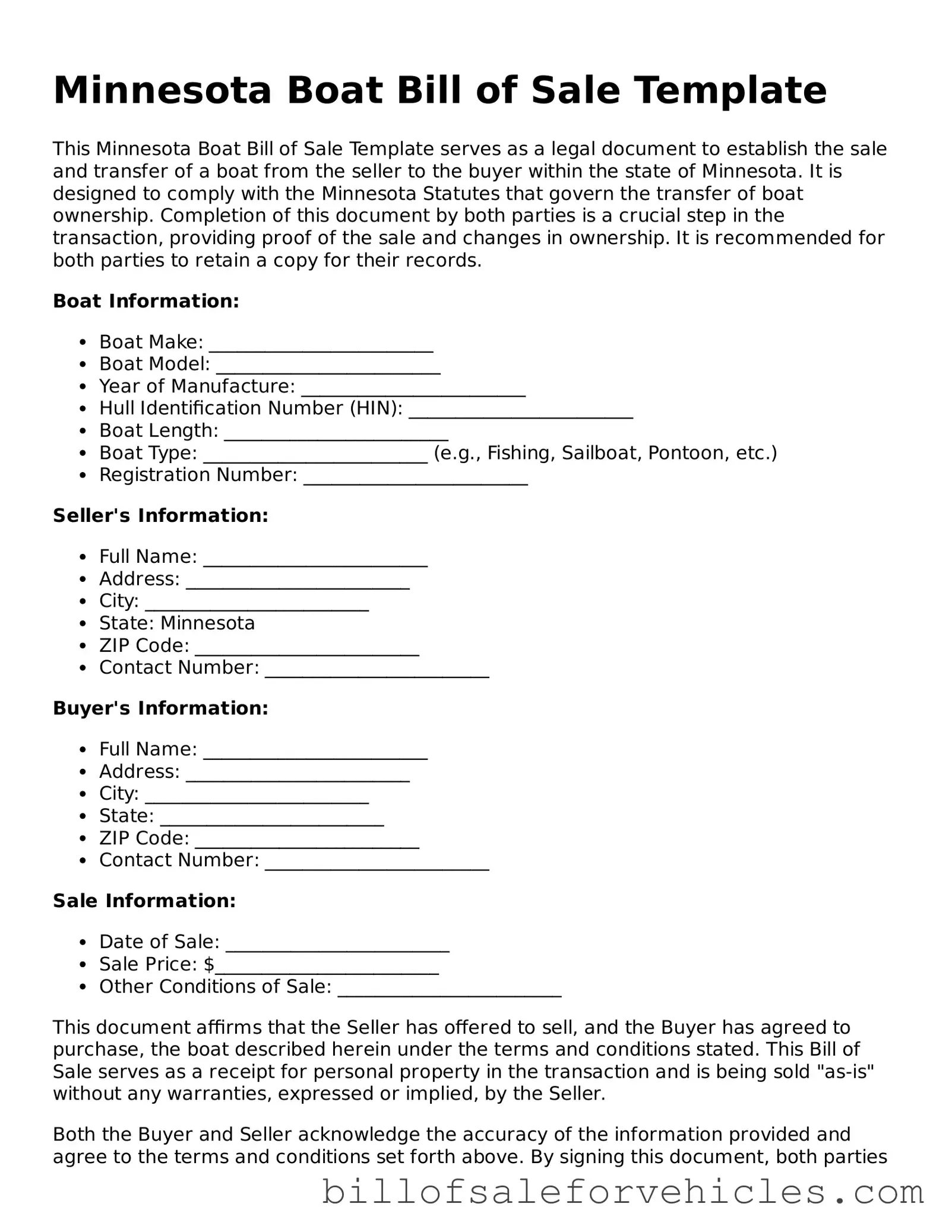 Valid Minnesota Boat Bill of Sale Template