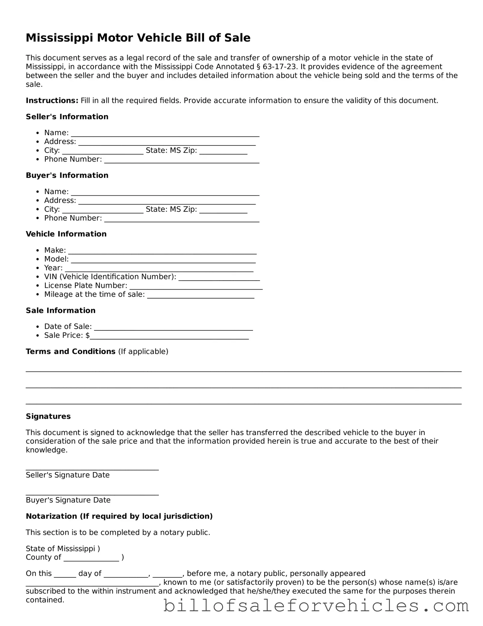 Valid Mississippi Motor Vehicle Bill of Sale Template