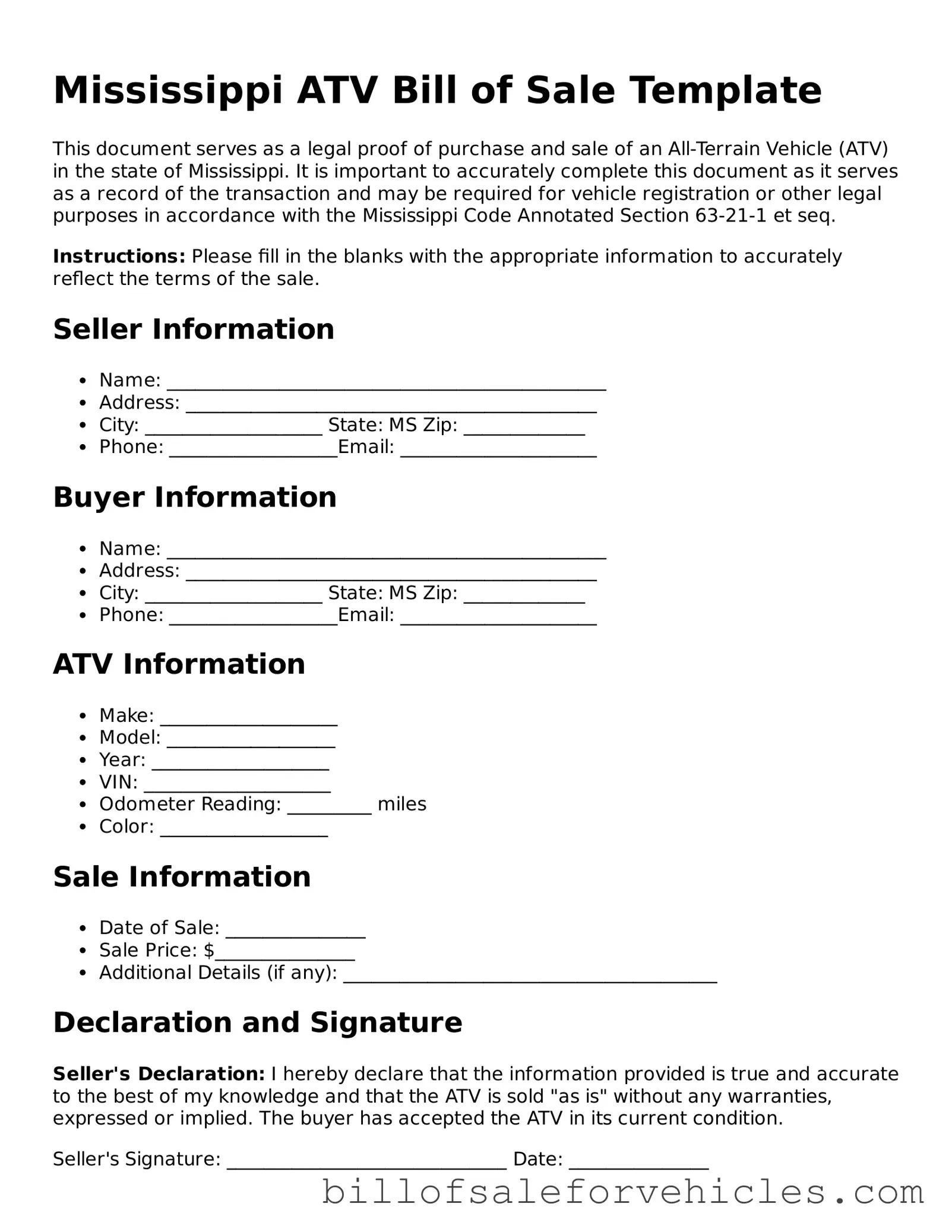 Valid Mississippi ATV Bill of Sale Template