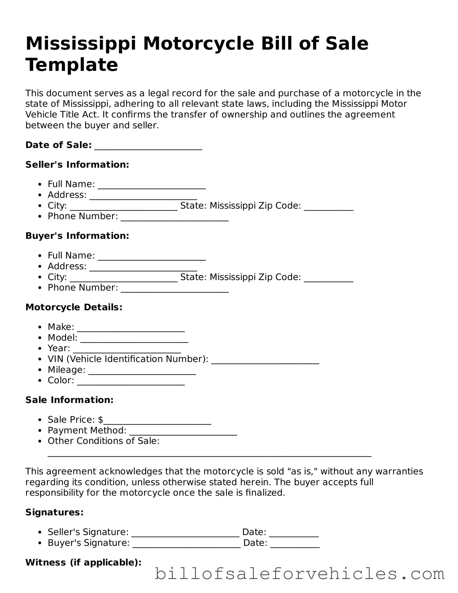 Valid Mississippi Motorcycle Bill of Sale Template