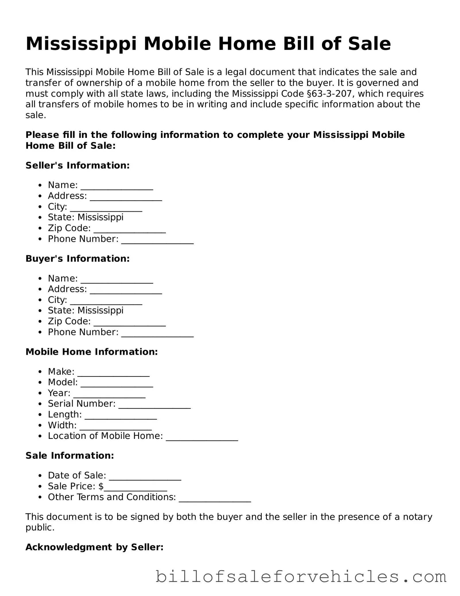 Valid Mississippi Mobile Home Bill of Sale Template