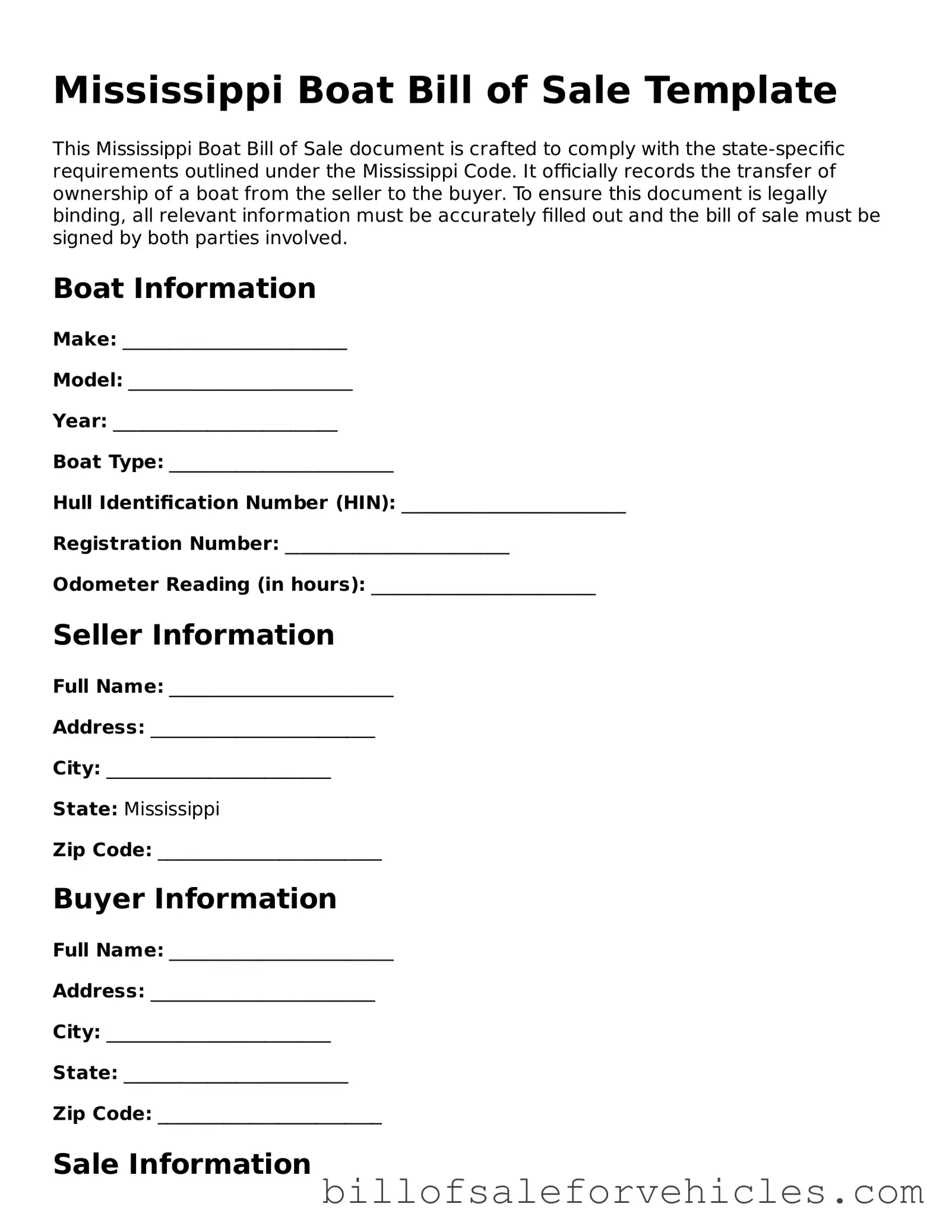 Valid Mississippi Boat Bill of Sale Template