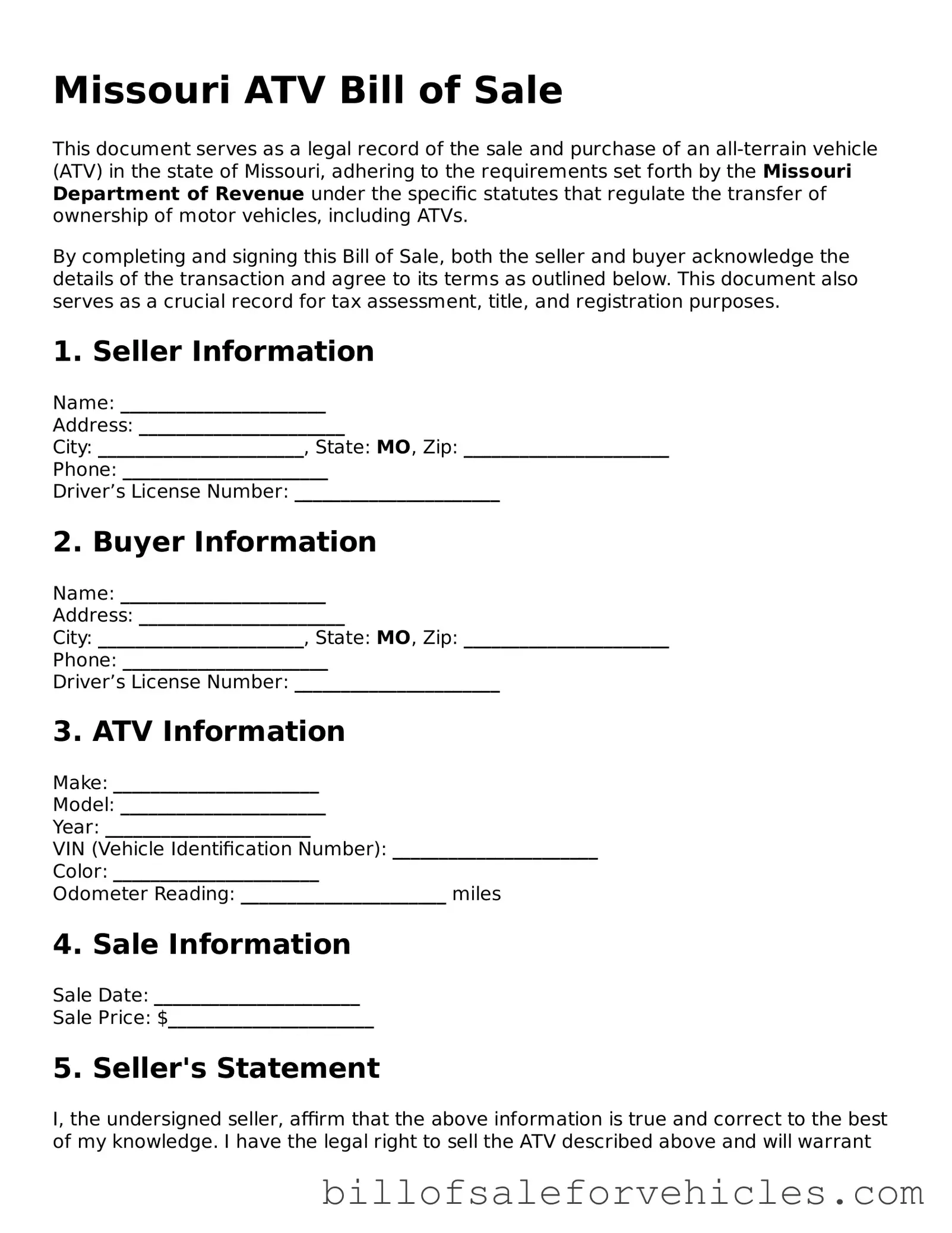 Valid Missouri ATV Bill of Sale Template