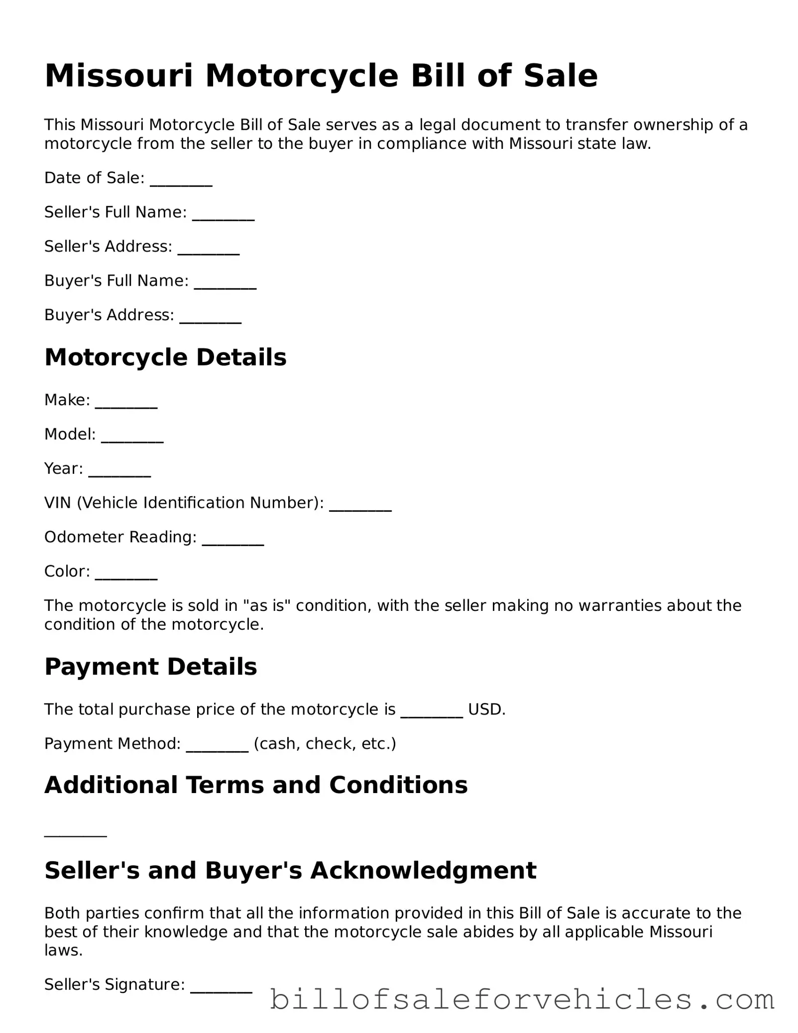 Valid Missouri Motorcycle Bill of Sale Template