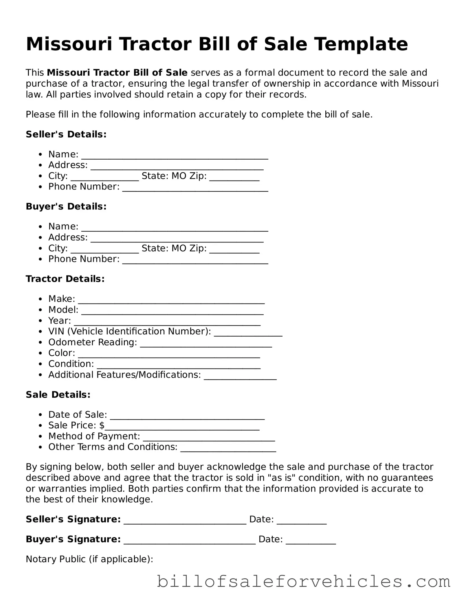Valid Missouri Tractor Bill of Sale Template