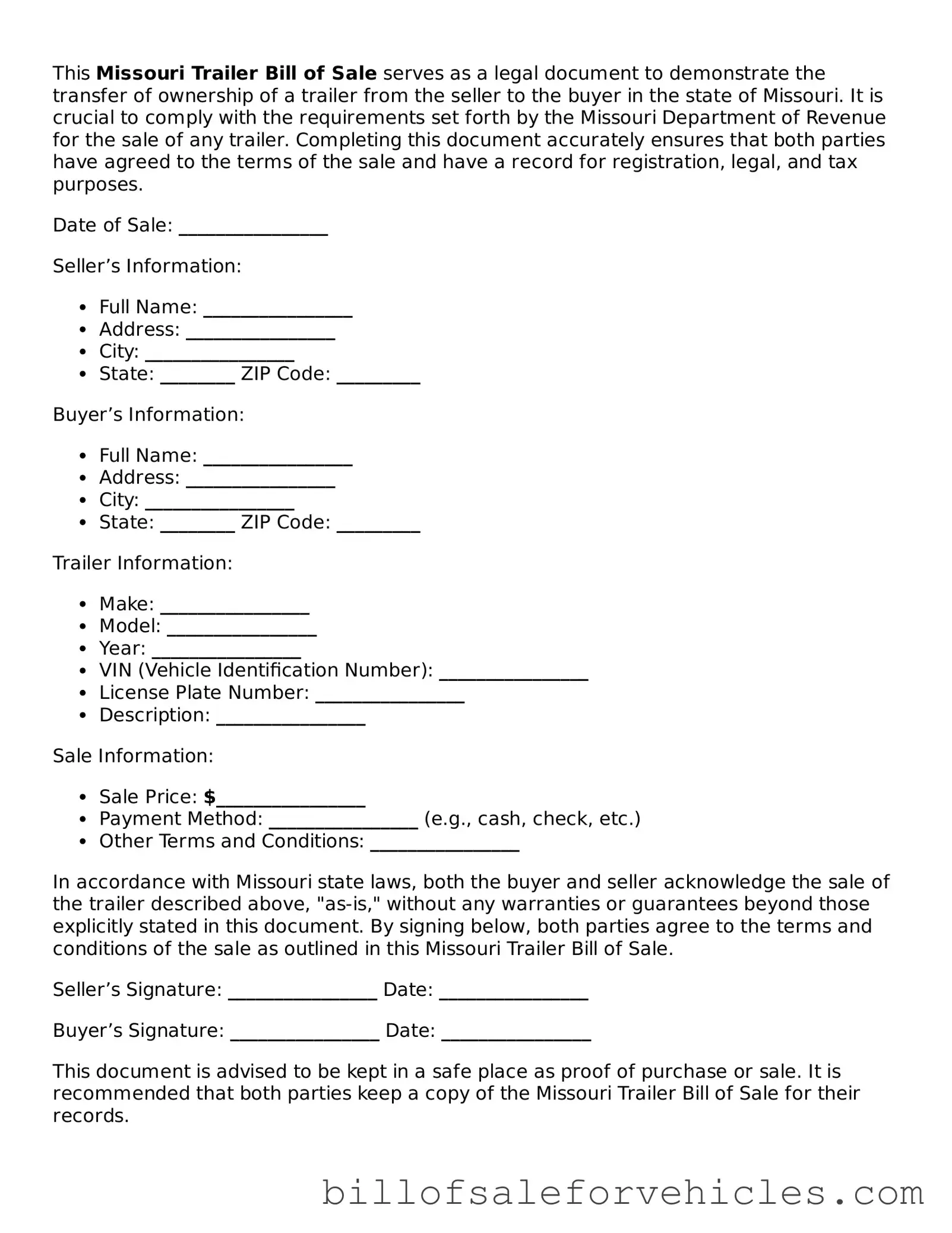 Valid Missouri Trailer Bill of Sale Template