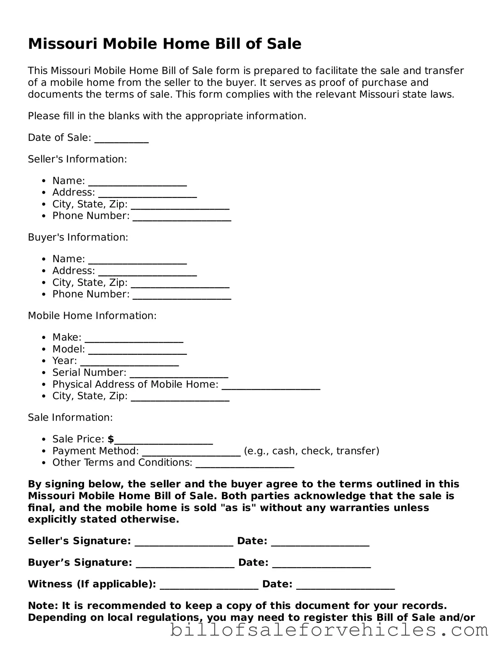 Valid Missouri Mobile Home Bill of Sale Template