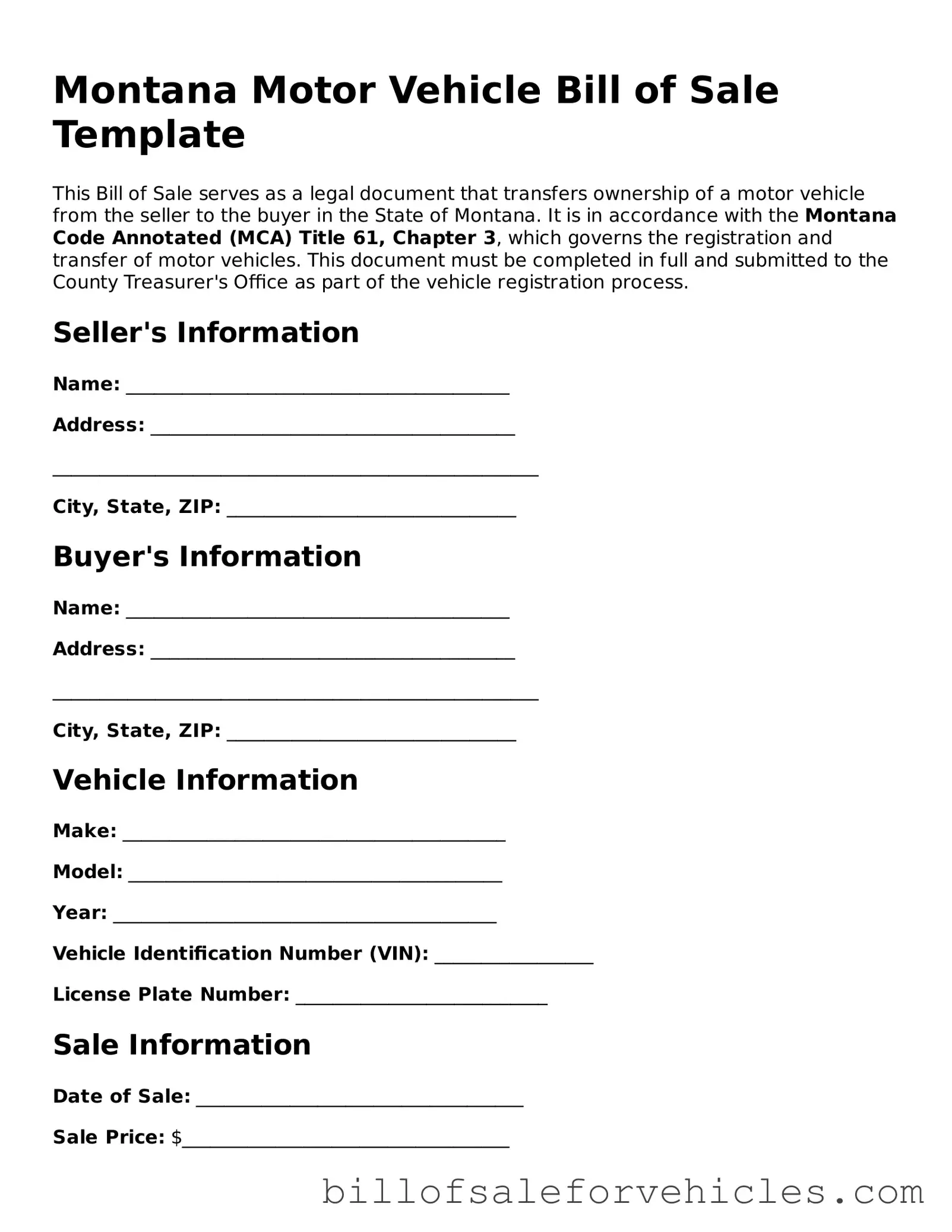 Valid Montana Motor Vehicle Bill of Sale Template