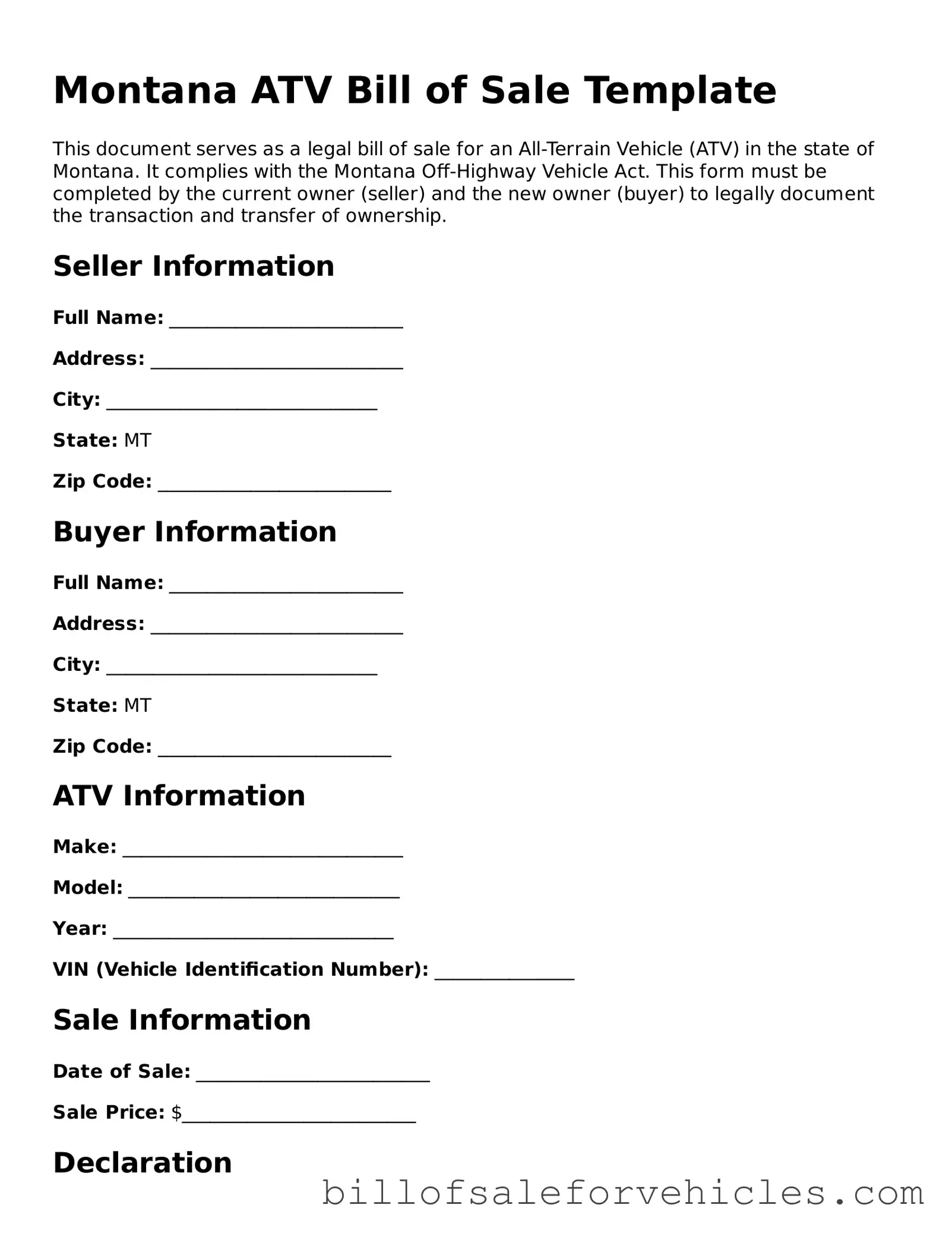 Valid Montana ATV Bill of Sale Template