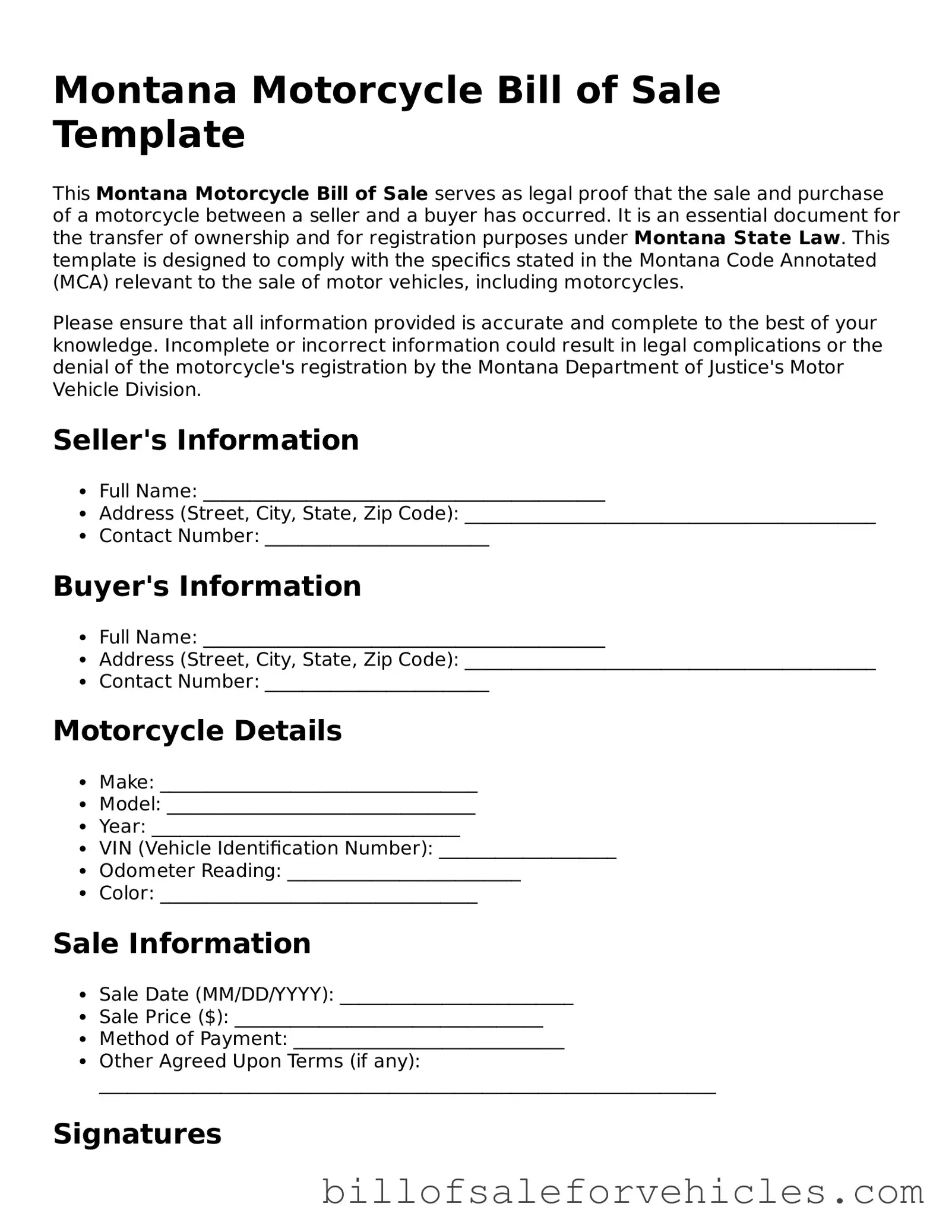 Valid Montana Motorcycle Bill of Sale Template
