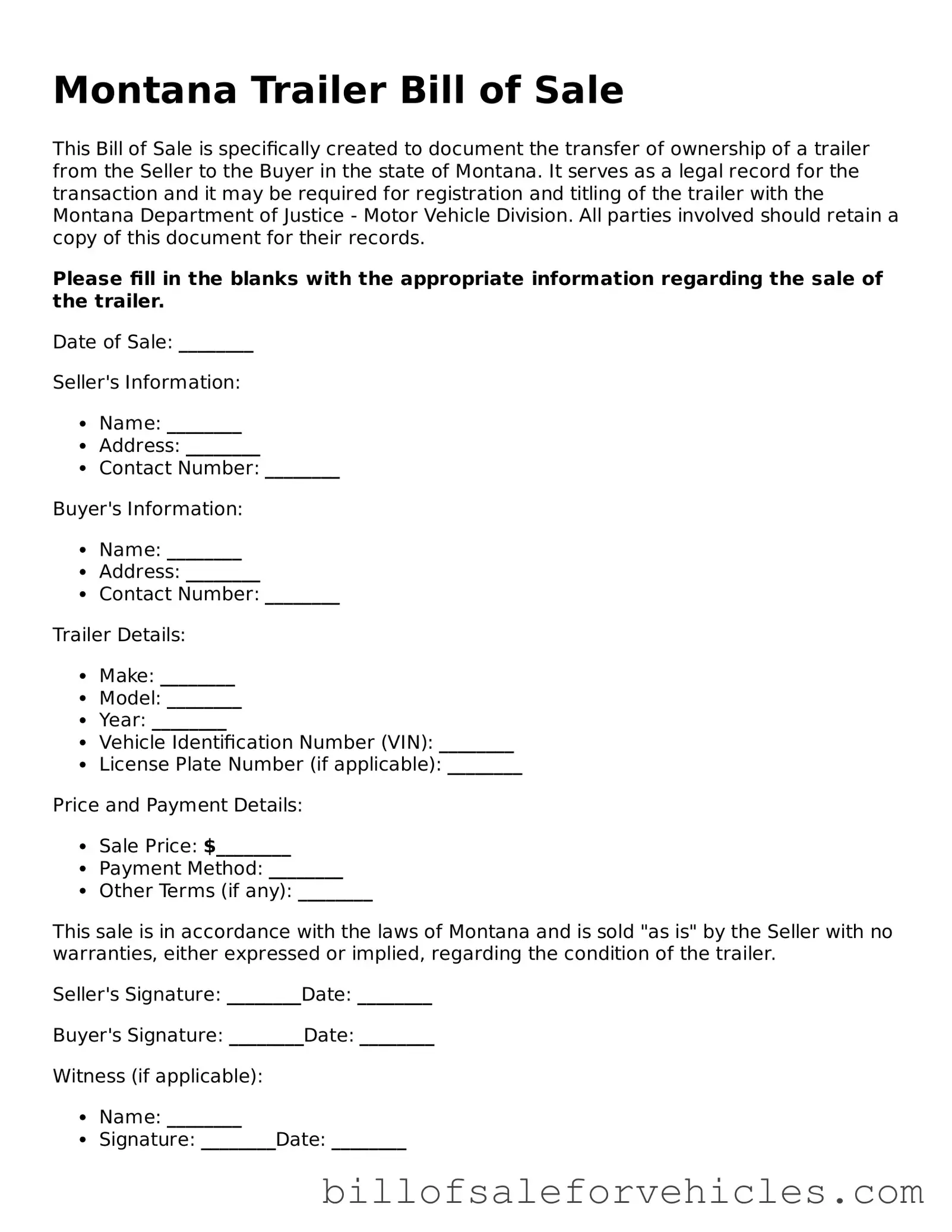 Valid Montana Trailer Bill of Sale Template