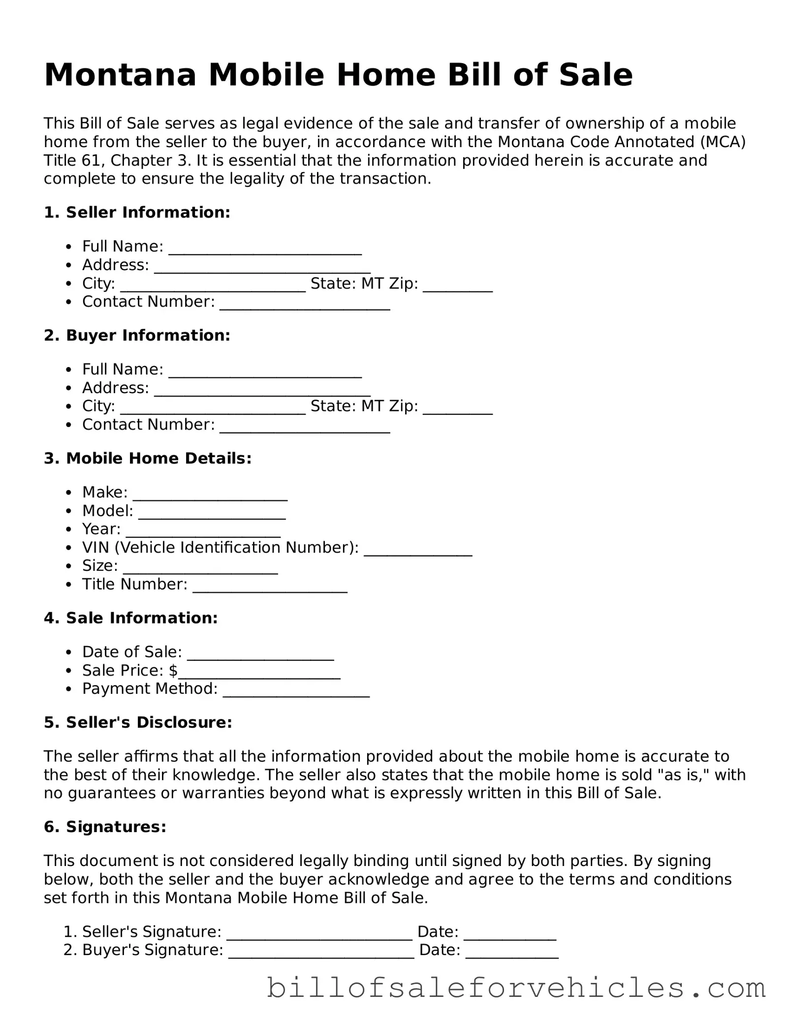 Valid Montana Mobile Home Bill of Sale Template