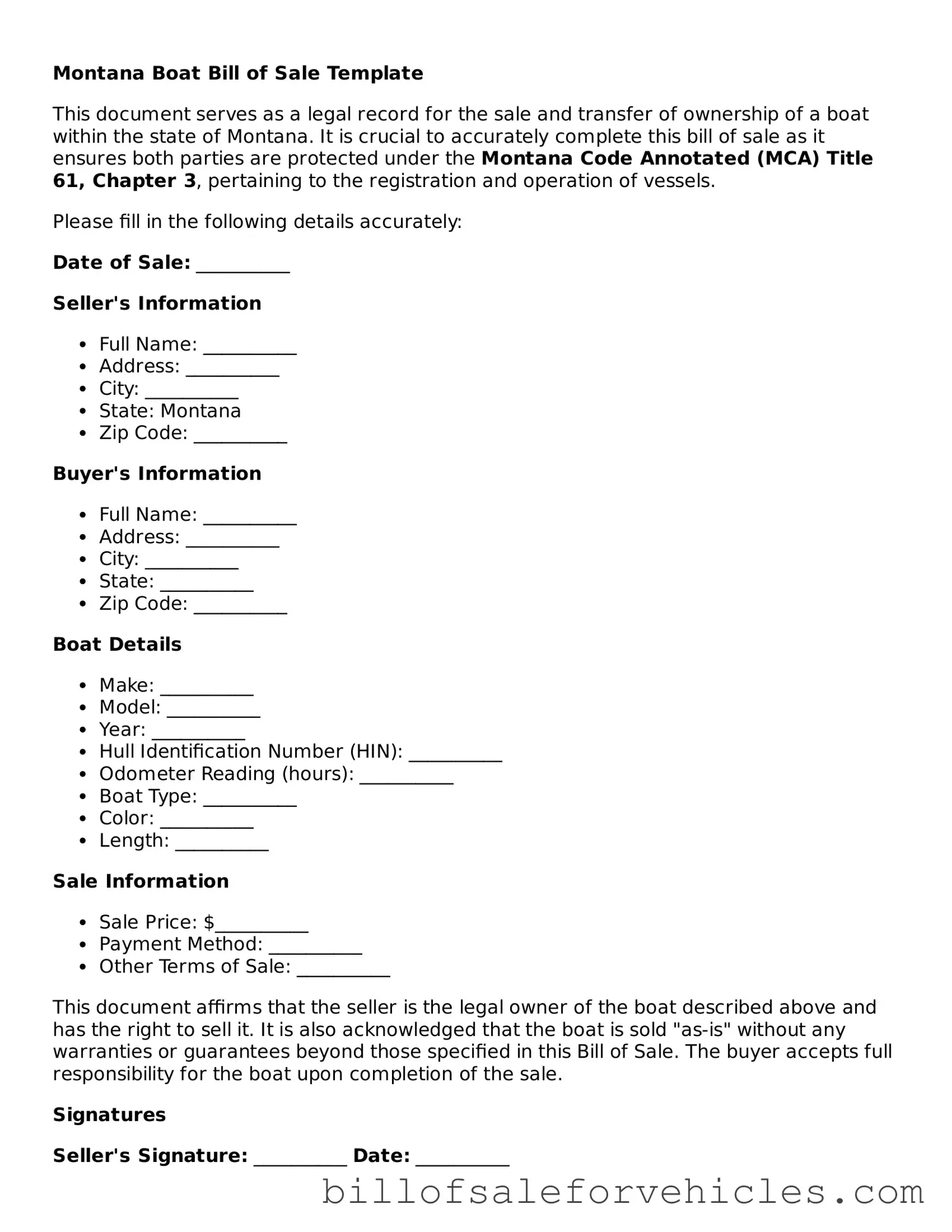 Valid Montana Boat Bill of Sale Template