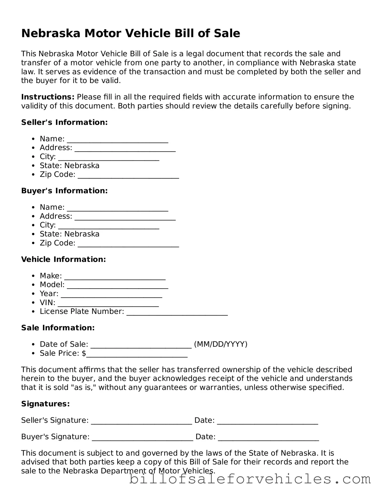 Valid Nebraska Motor Vehicle Bill of Sale Template