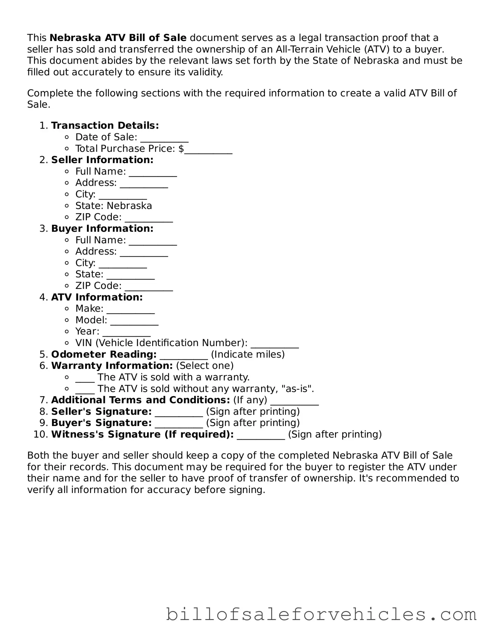 Valid Nebraska ATV Bill of Sale Template