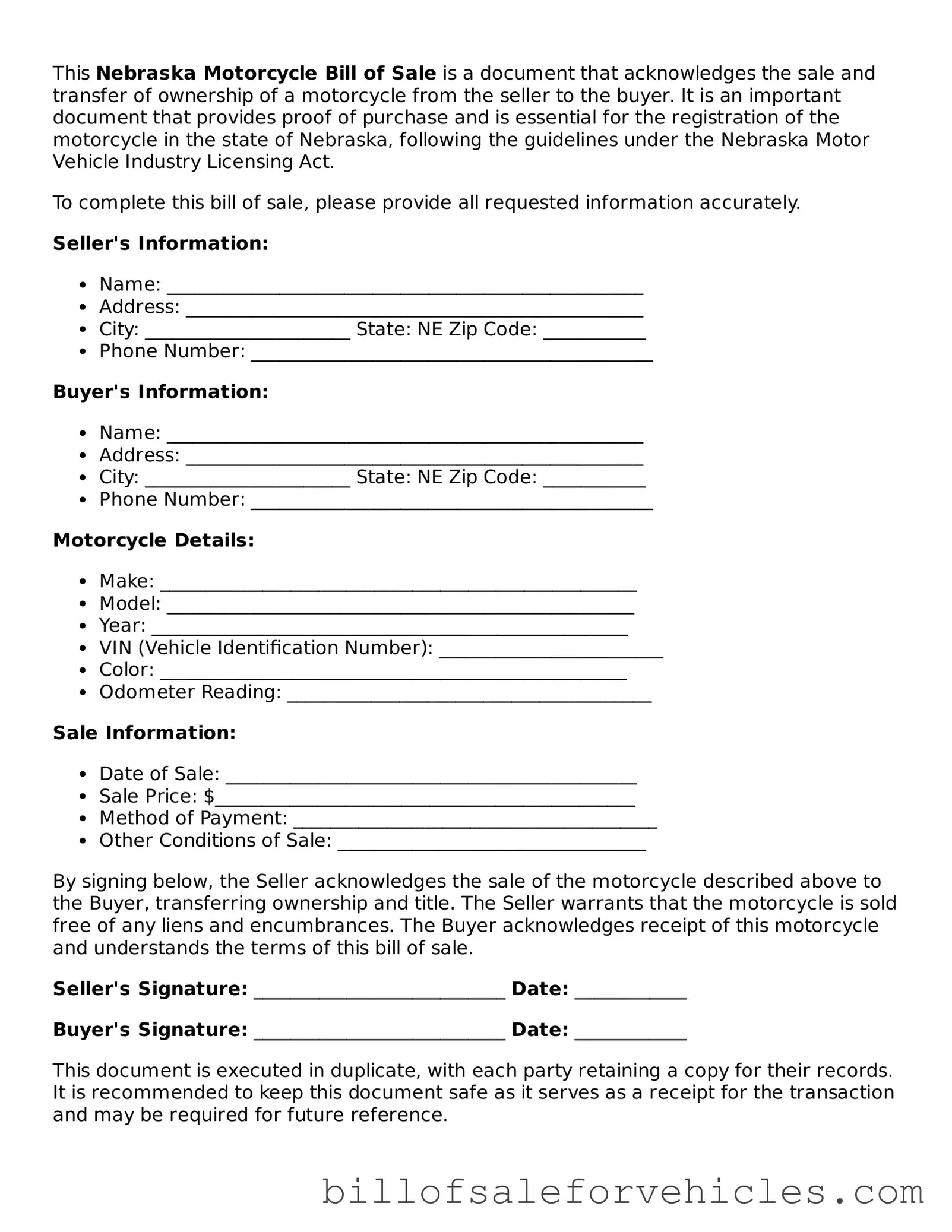 Valid Nebraska Motorcycle Bill of Sale Template