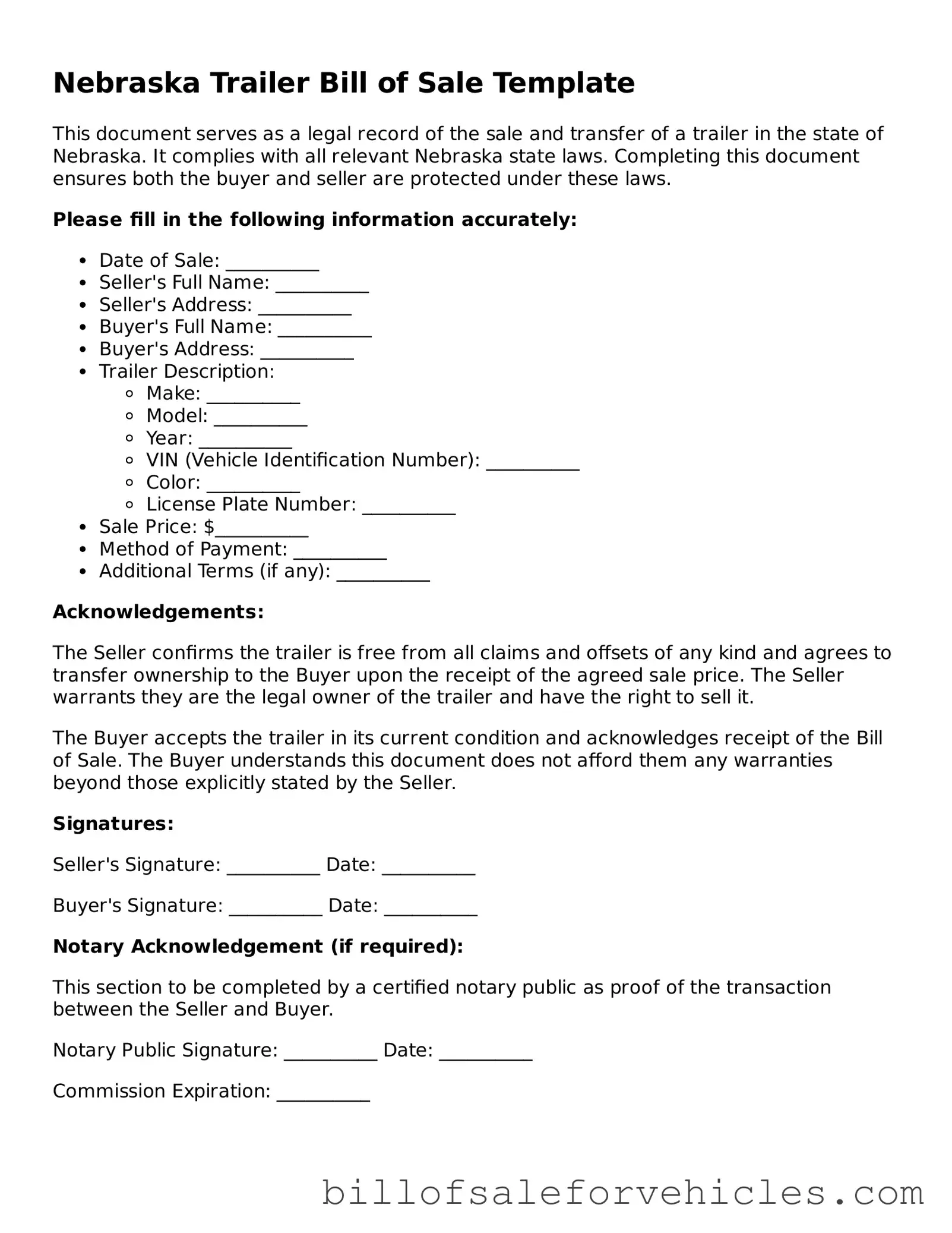 Valid Nebraska Trailer Bill of Sale Template