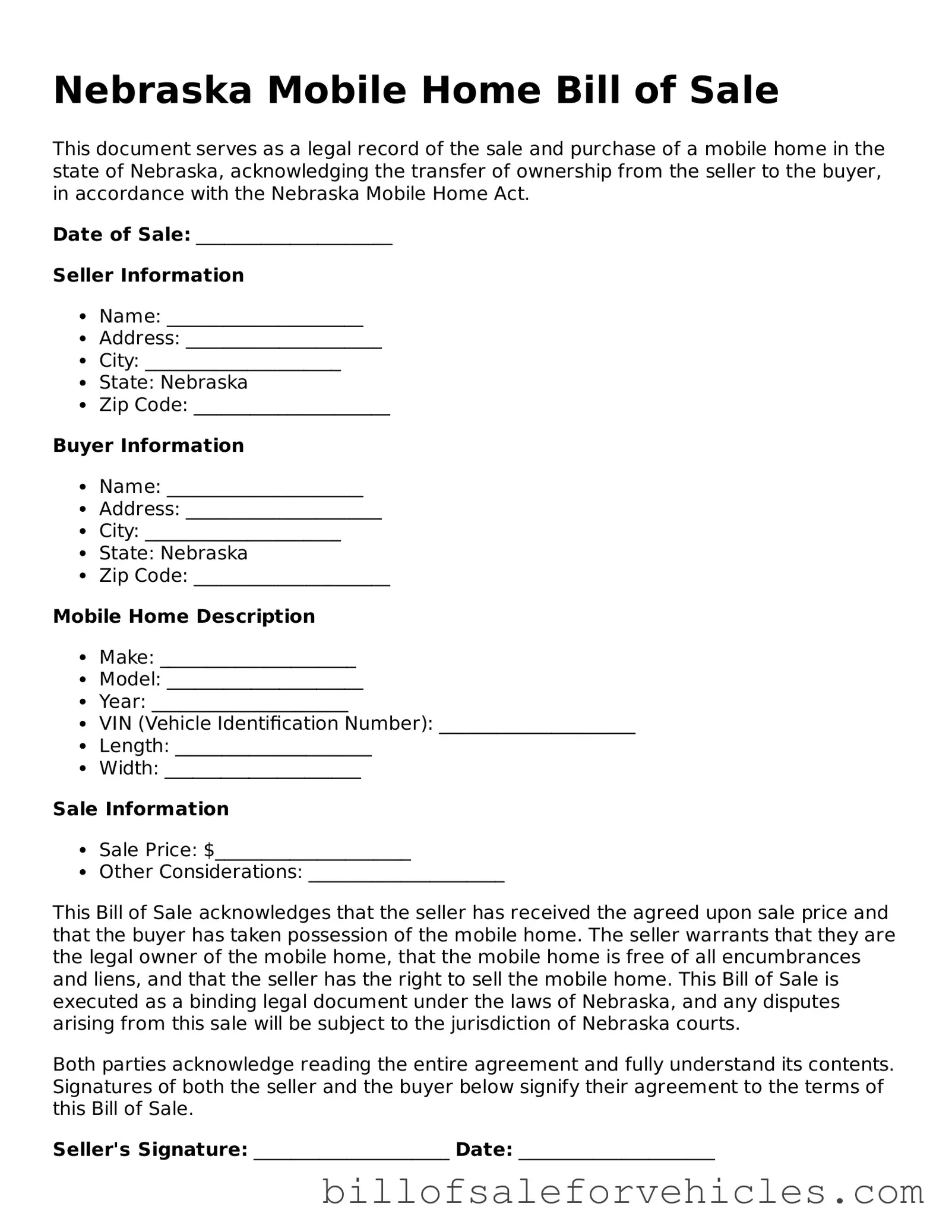 Valid Nebraska Mobile Home Bill of Sale Template