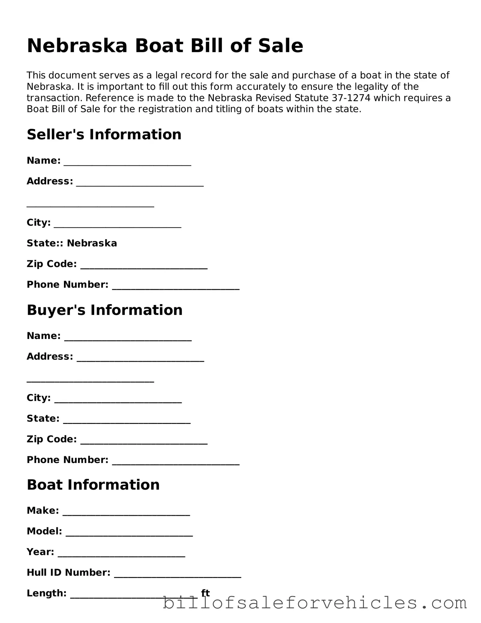 Valid Nebraska Boat Bill of Sale Template
