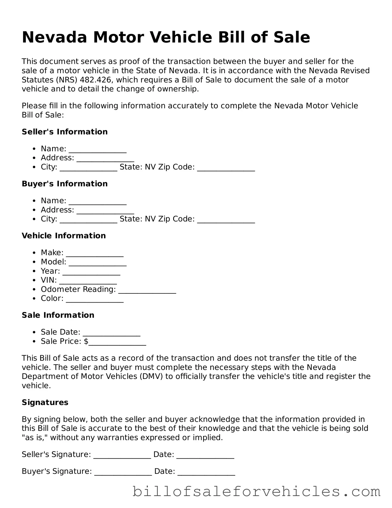 Valid Nevada Motor Vehicle Bill of Sale Template