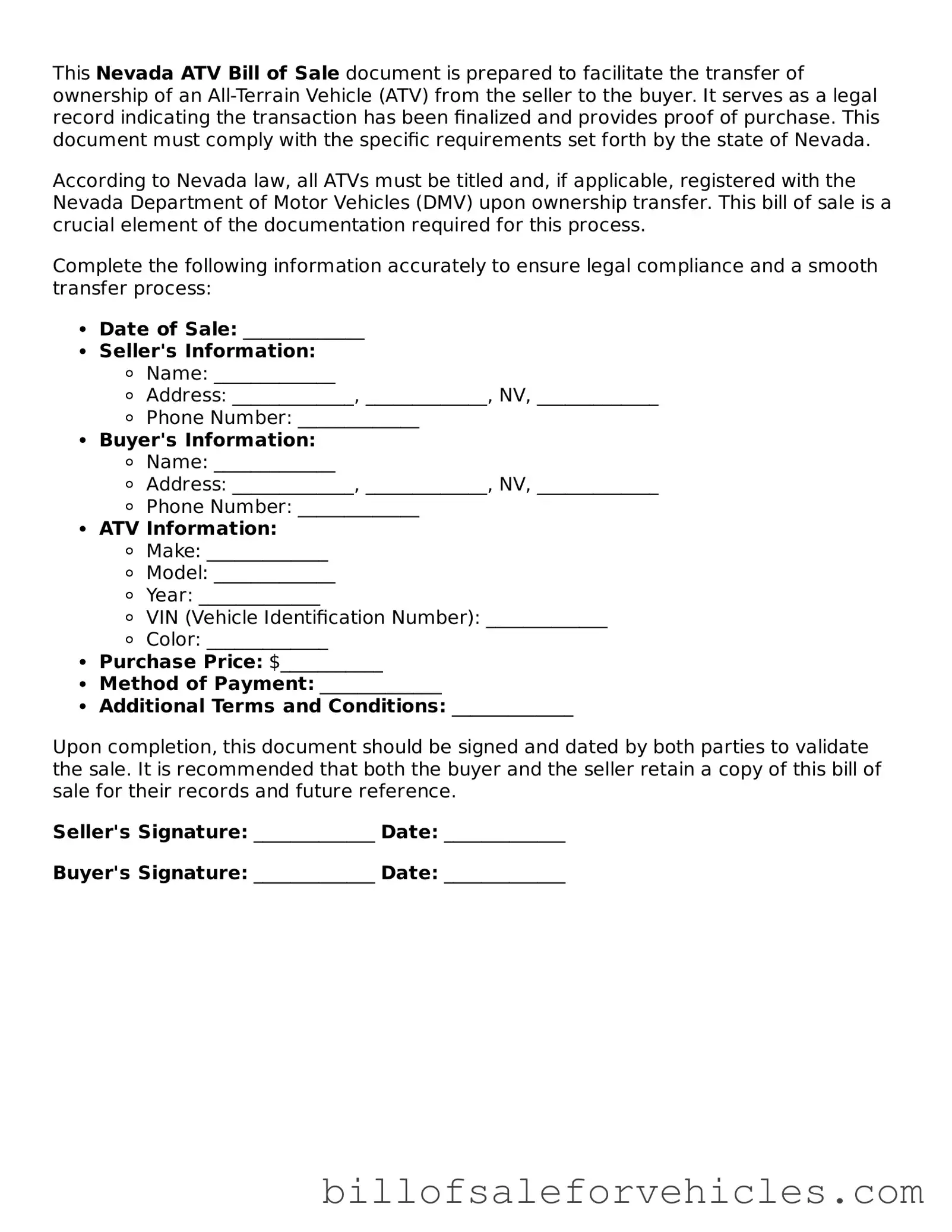 Valid Nevada ATV Bill of Sale Template