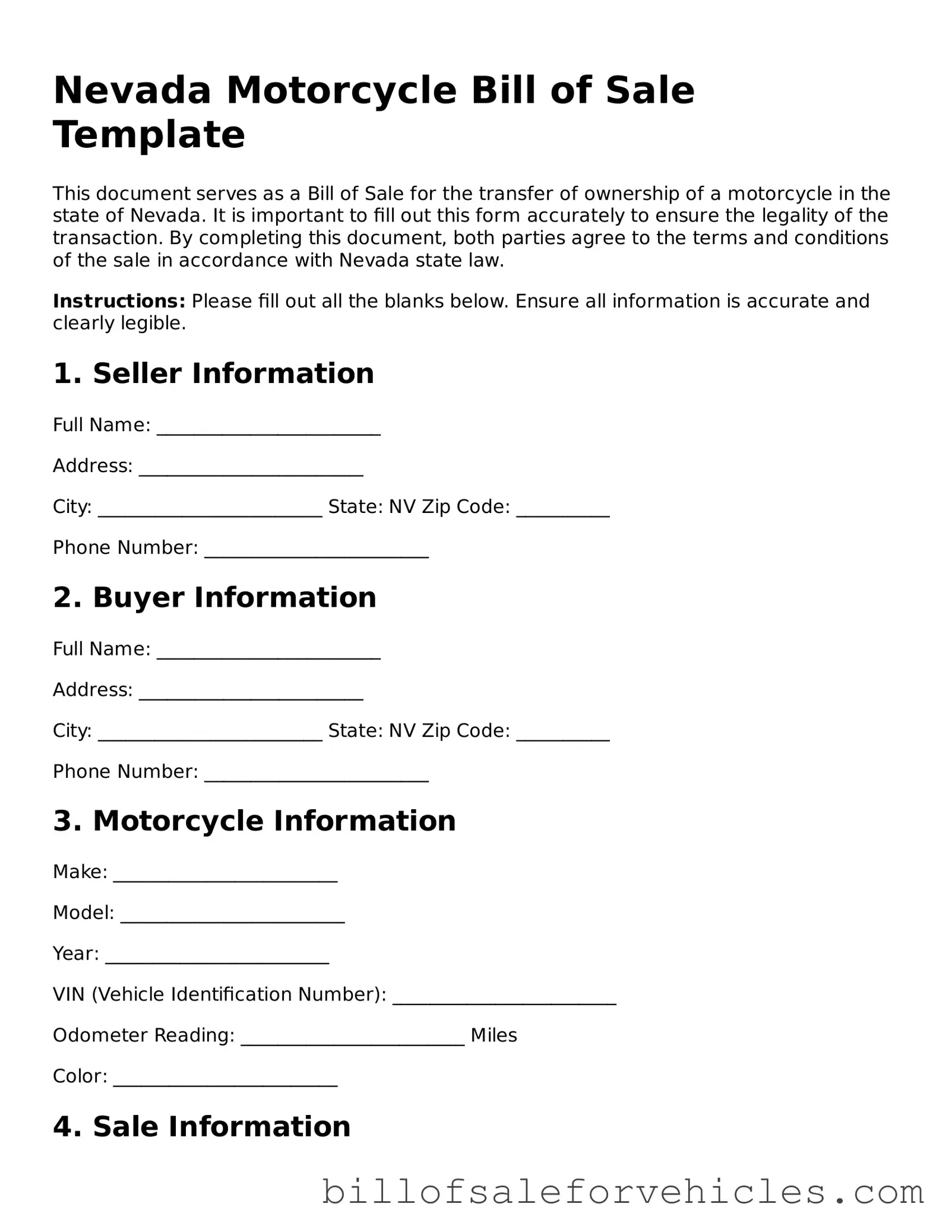 Valid Nevada Motorcycle Bill of Sale Template