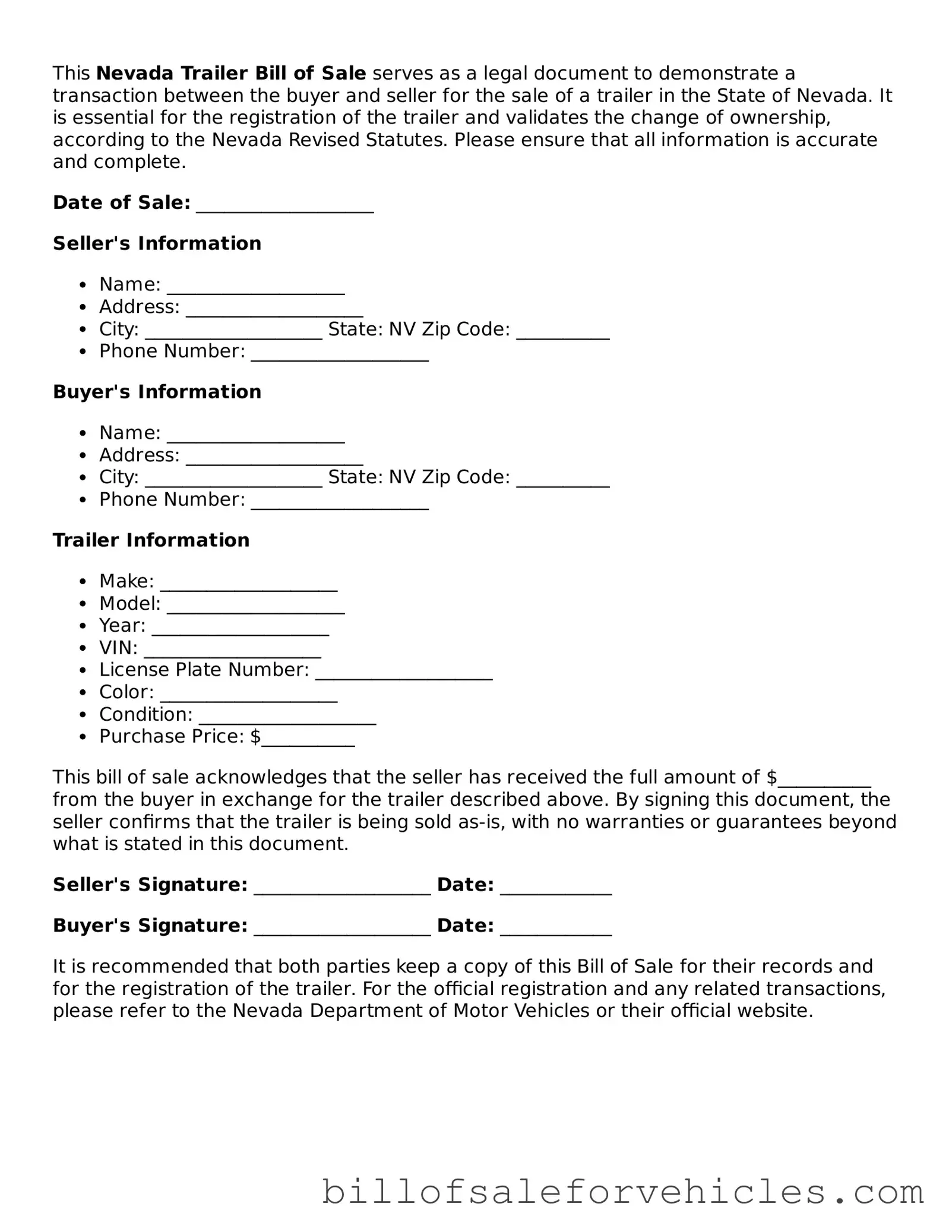 Valid Nevada Trailer Bill of Sale Template