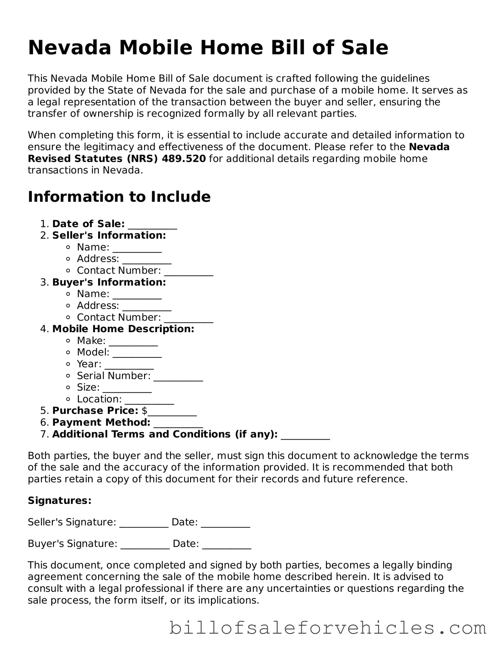Valid Nevada Mobile Home Bill of Sale Template