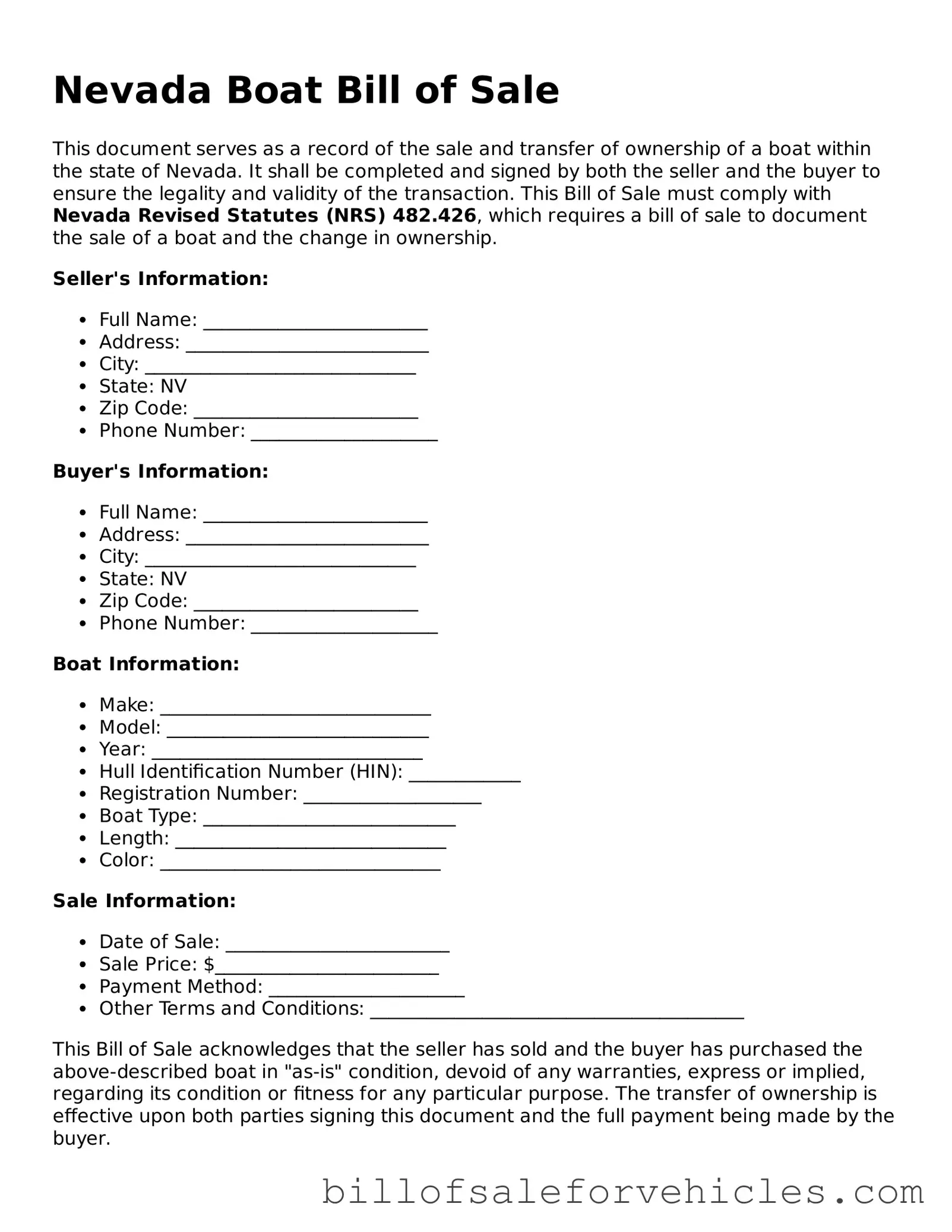 Valid Nevada Boat Bill of Sale Template