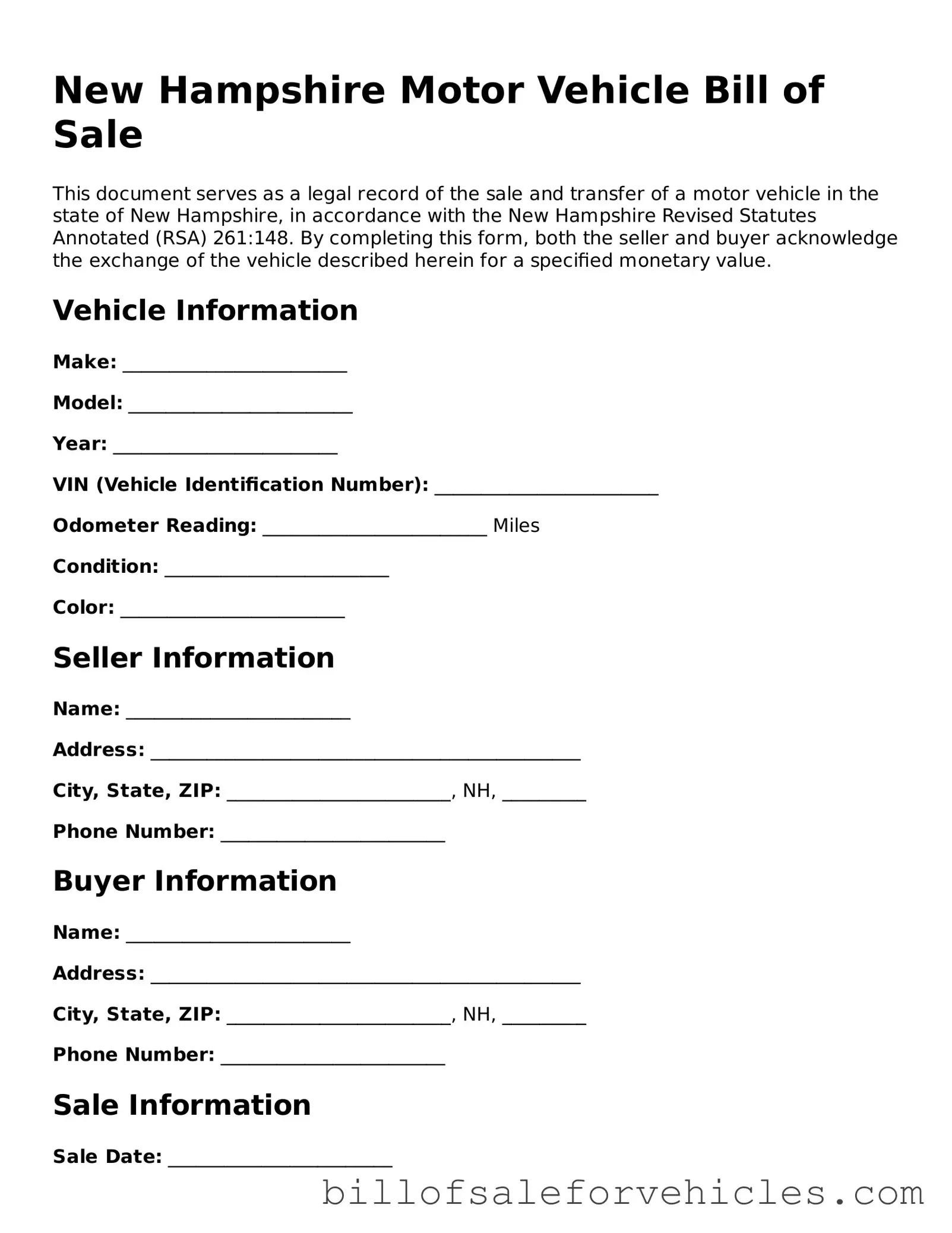 Valid New Hampshire Motor Vehicle Bill of Sale Template