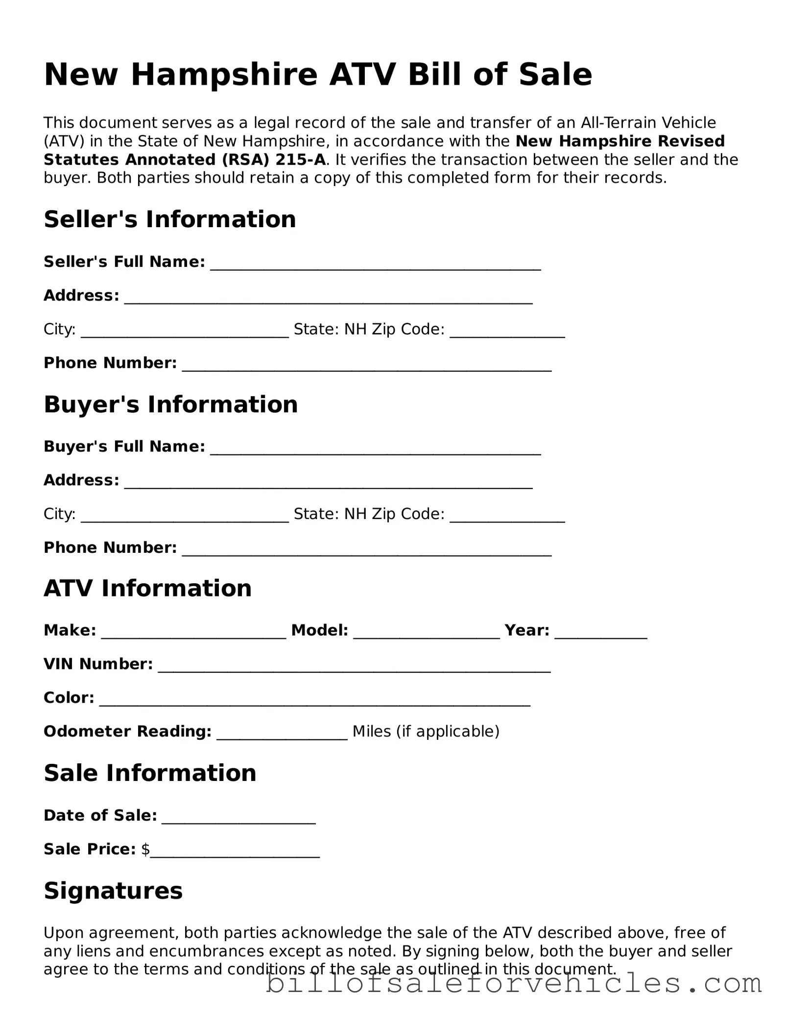 Valid New Hampshire ATV Bill of Sale Template
