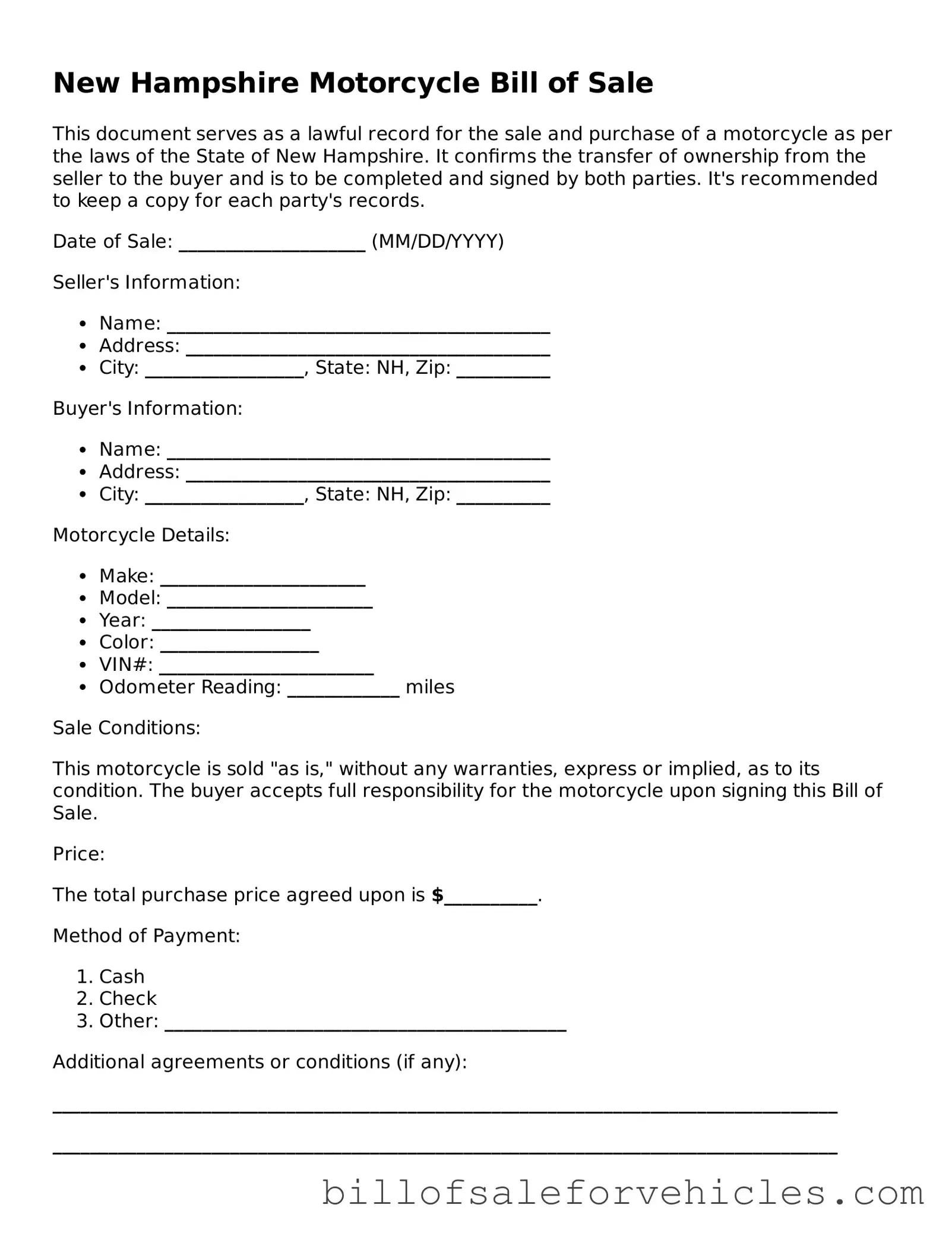 Valid New Hampshire Motorcycle Bill of Sale Template