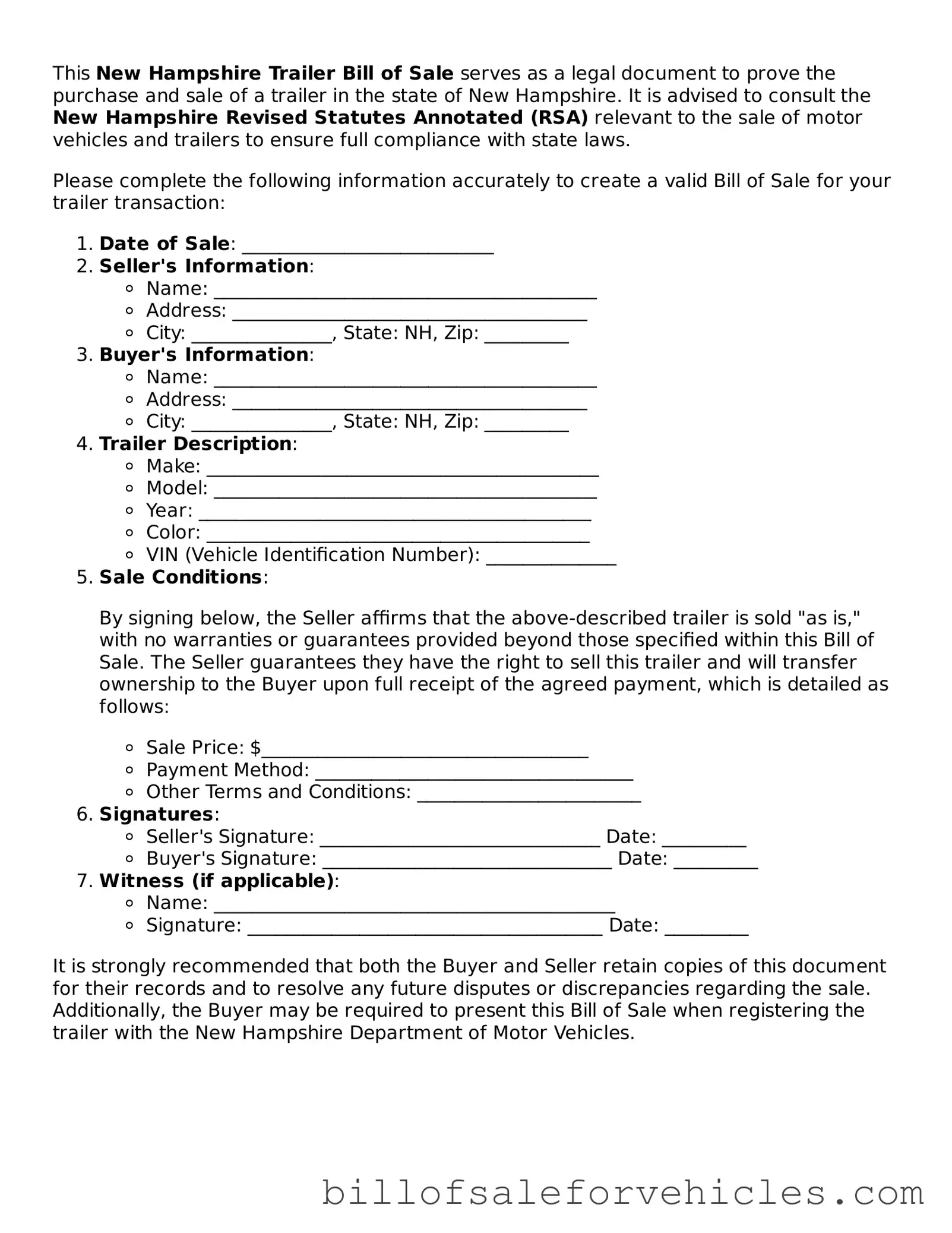Valid New Hampshire Trailer Bill of Sale Template