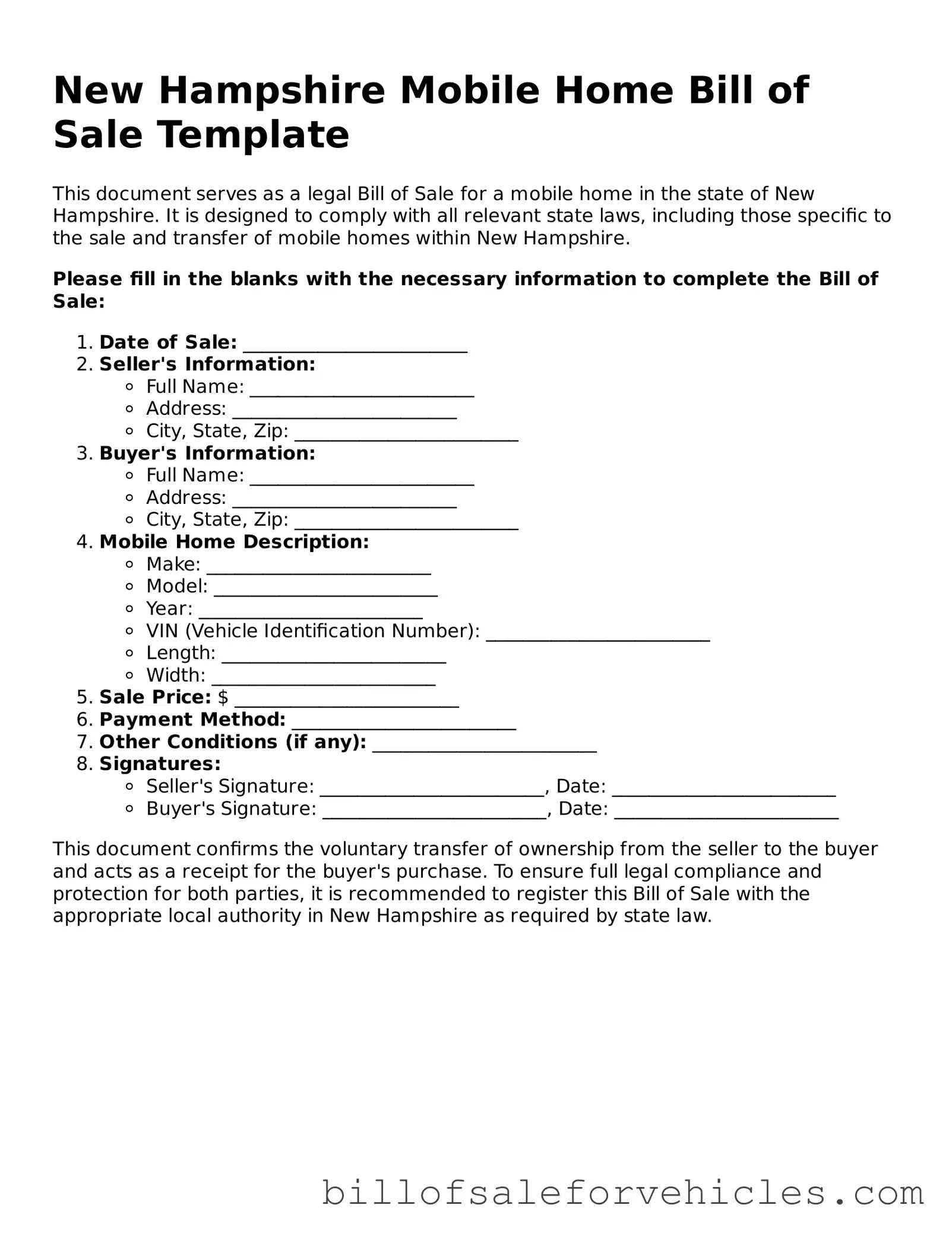 Valid New Hampshire Mobile Home Bill of Sale Template