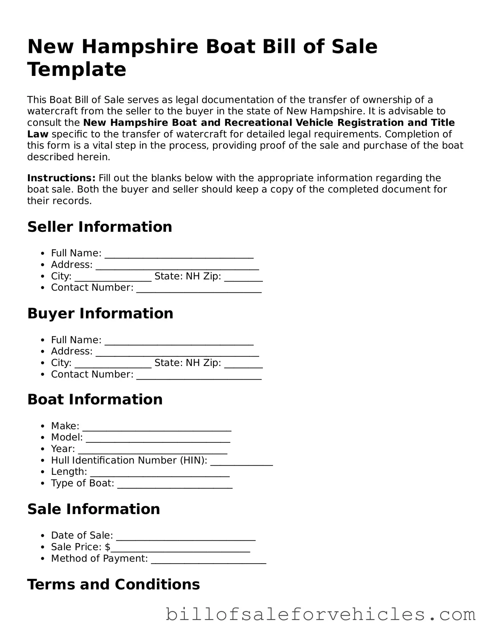 Valid New Hampshire Boat Bill of Sale Template