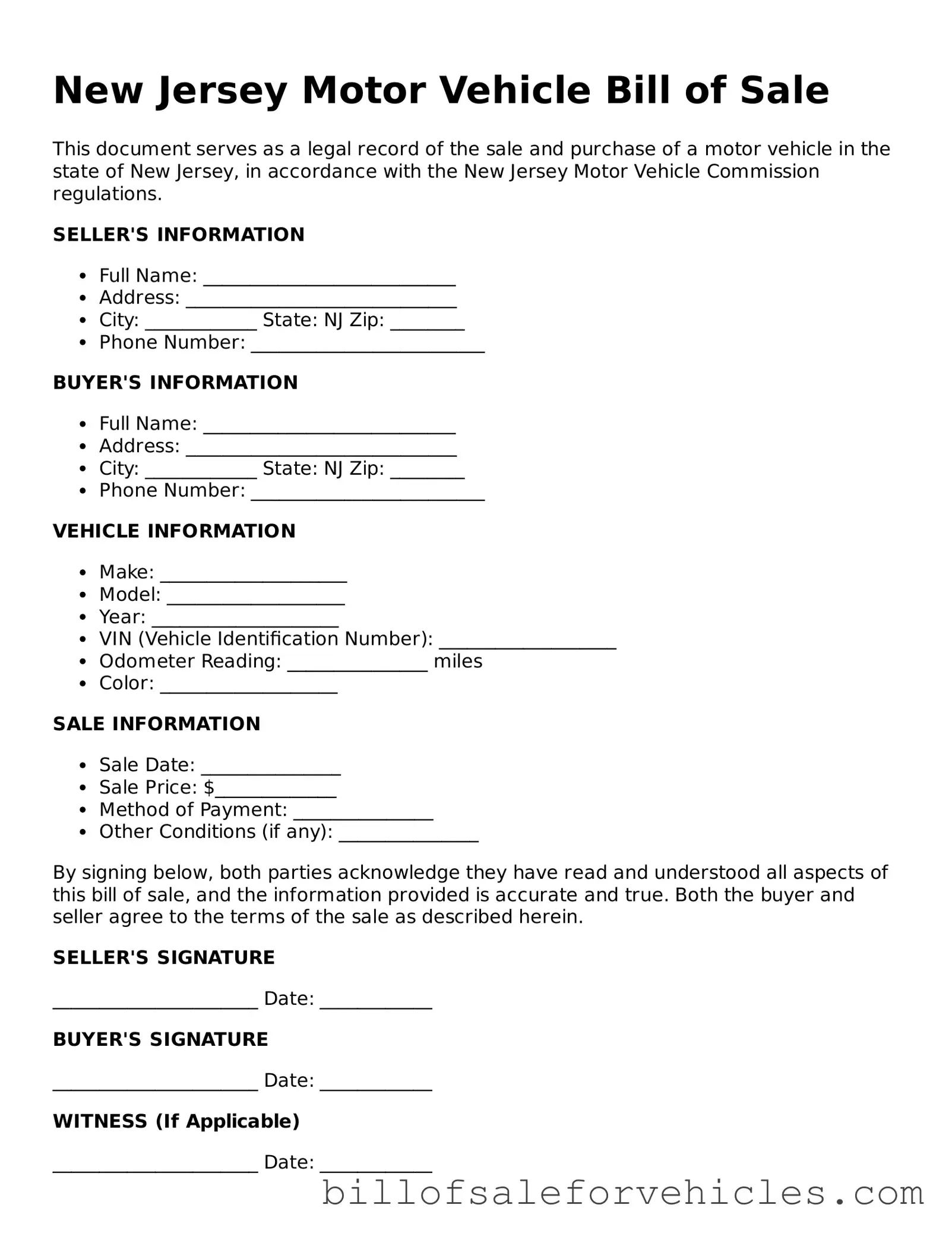 Valid New Jersey Motor Vehicle Bill of Sale Template
