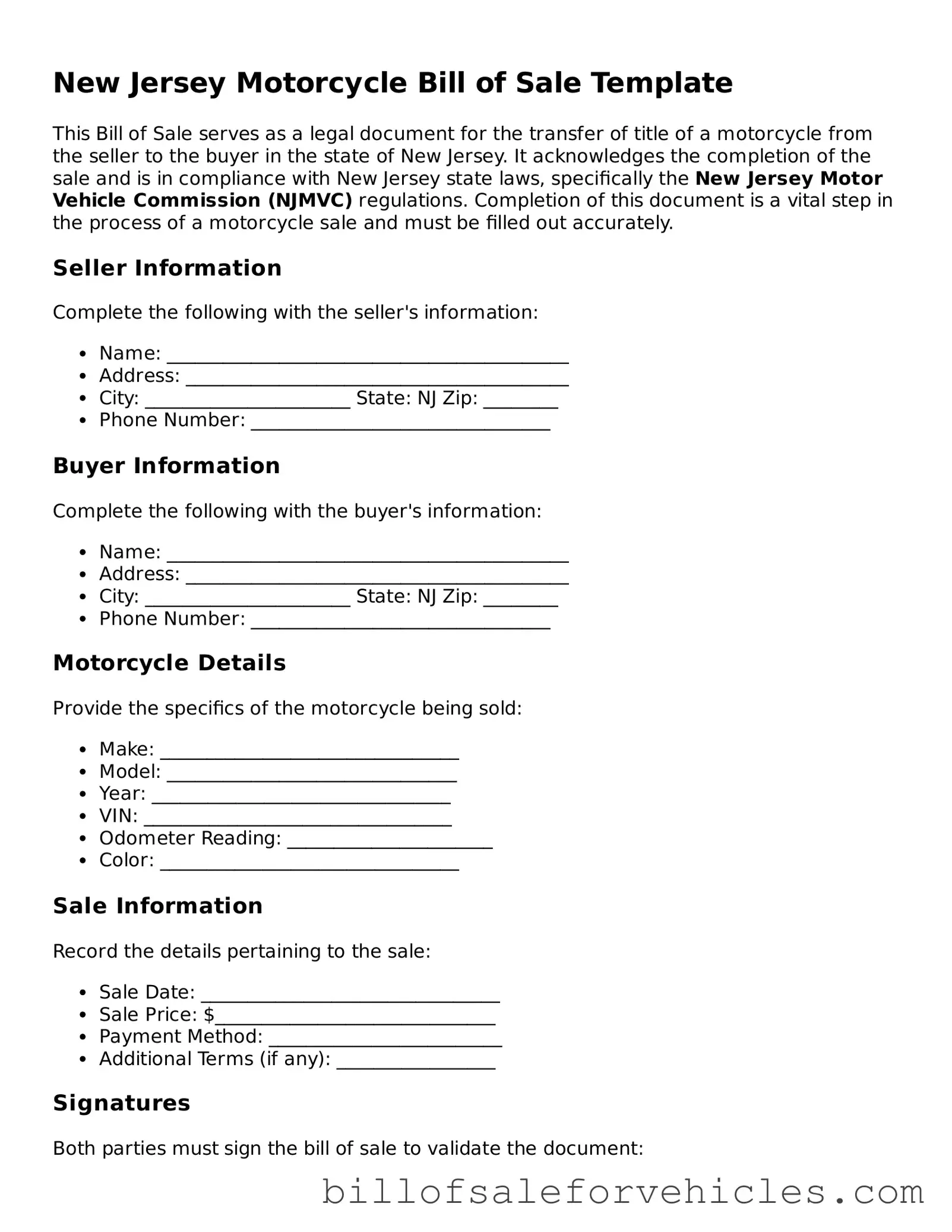 Valid New Jersey Motorcycle Bill of Sale Template