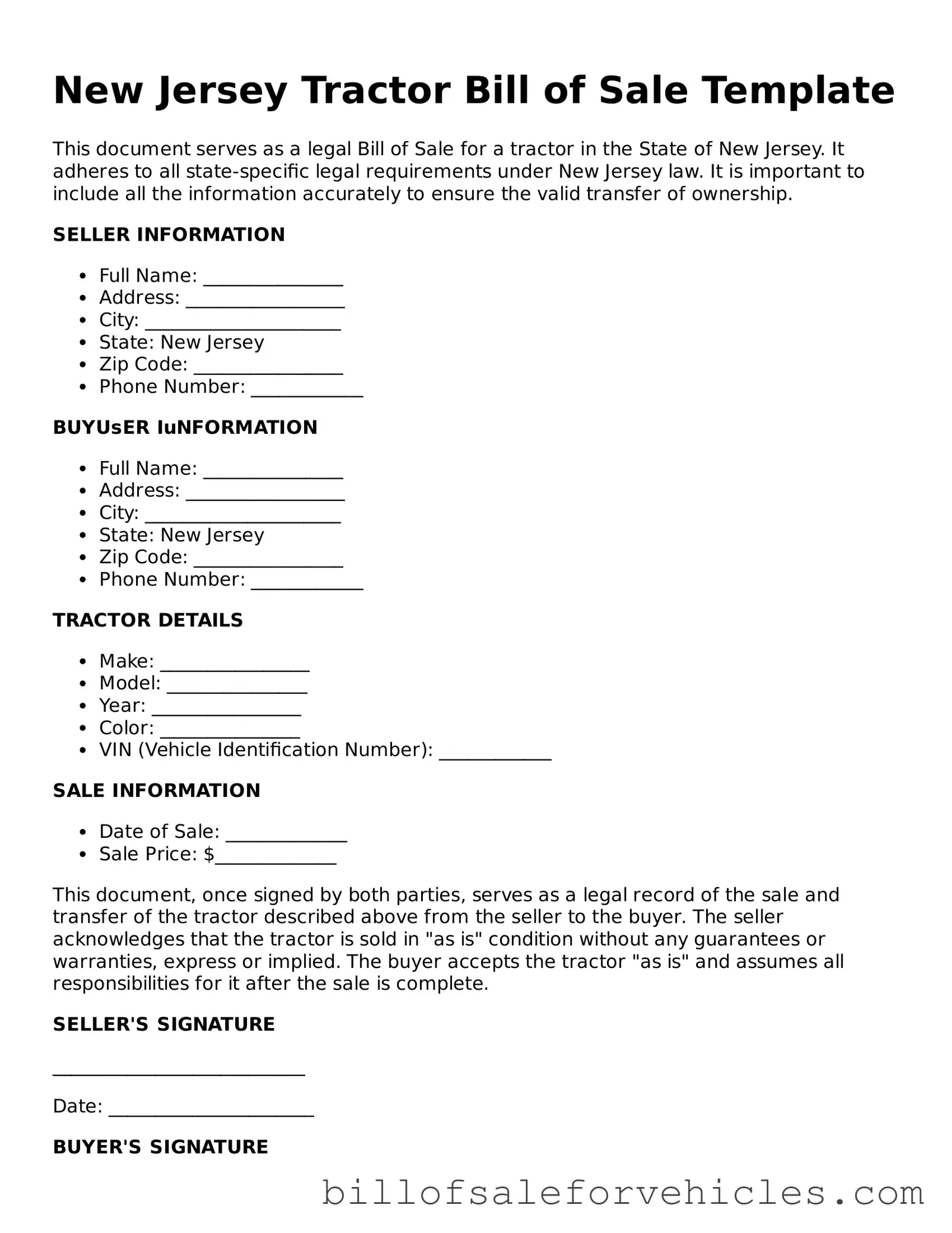 Valid New Jersey Tractor Bill of Sale Template