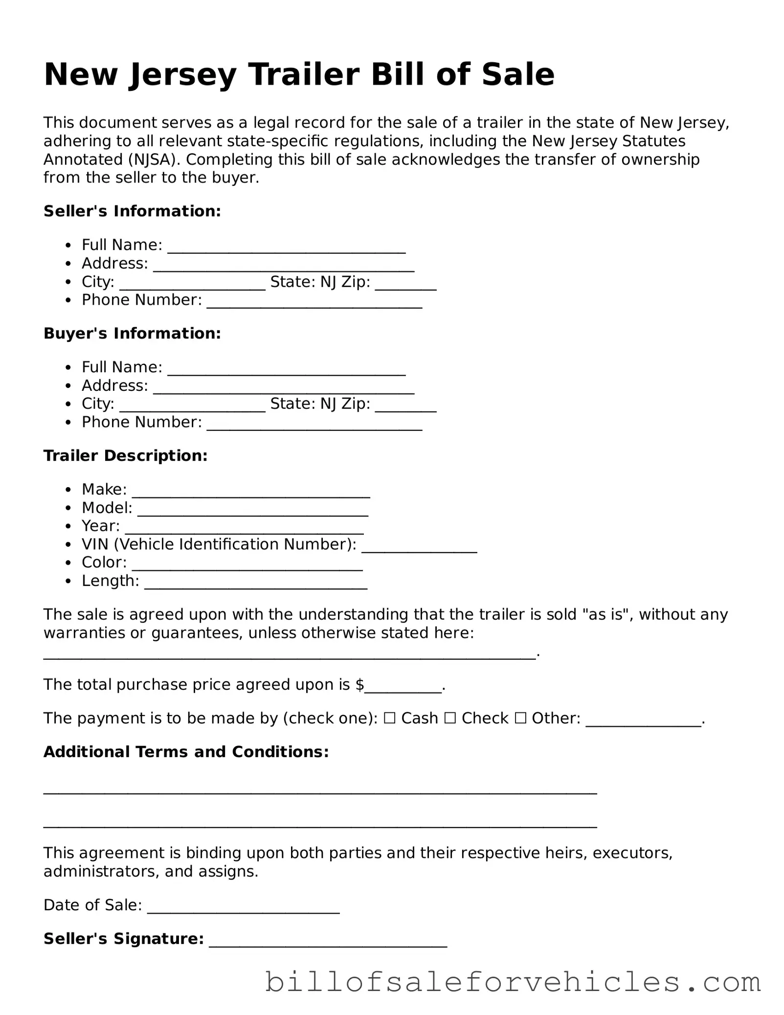 Valid New Jersey Trailer Bill of Sale Template