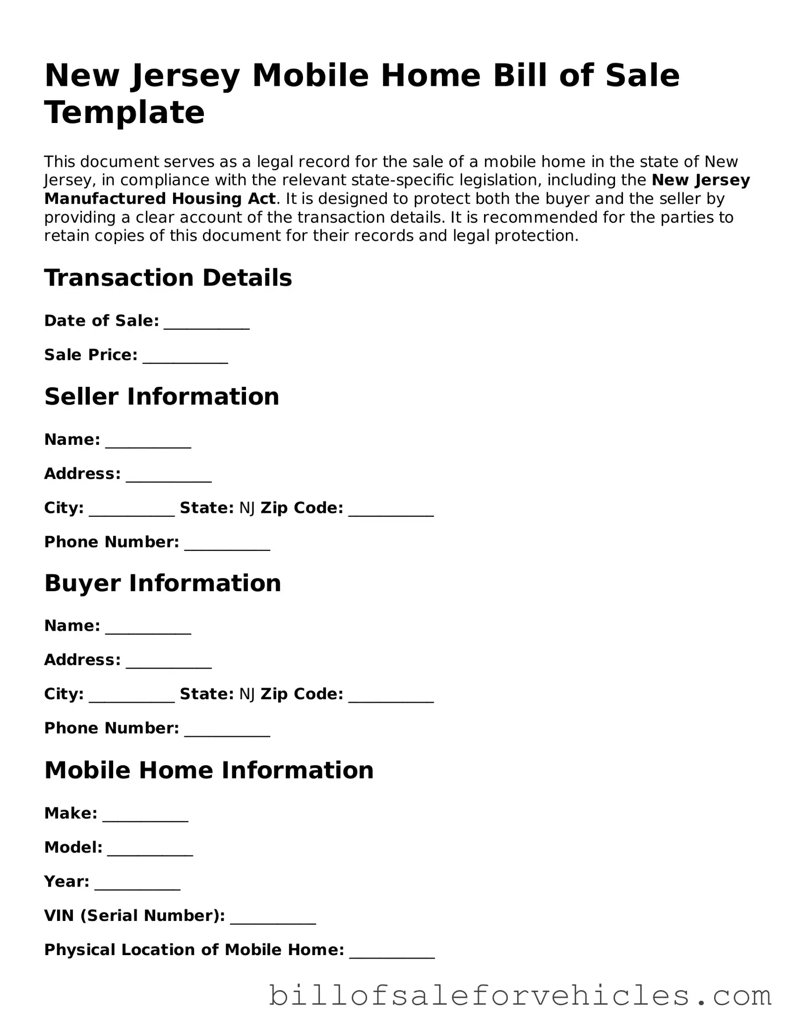 Valid New Jersey Mobile Home Bill of Sale Template